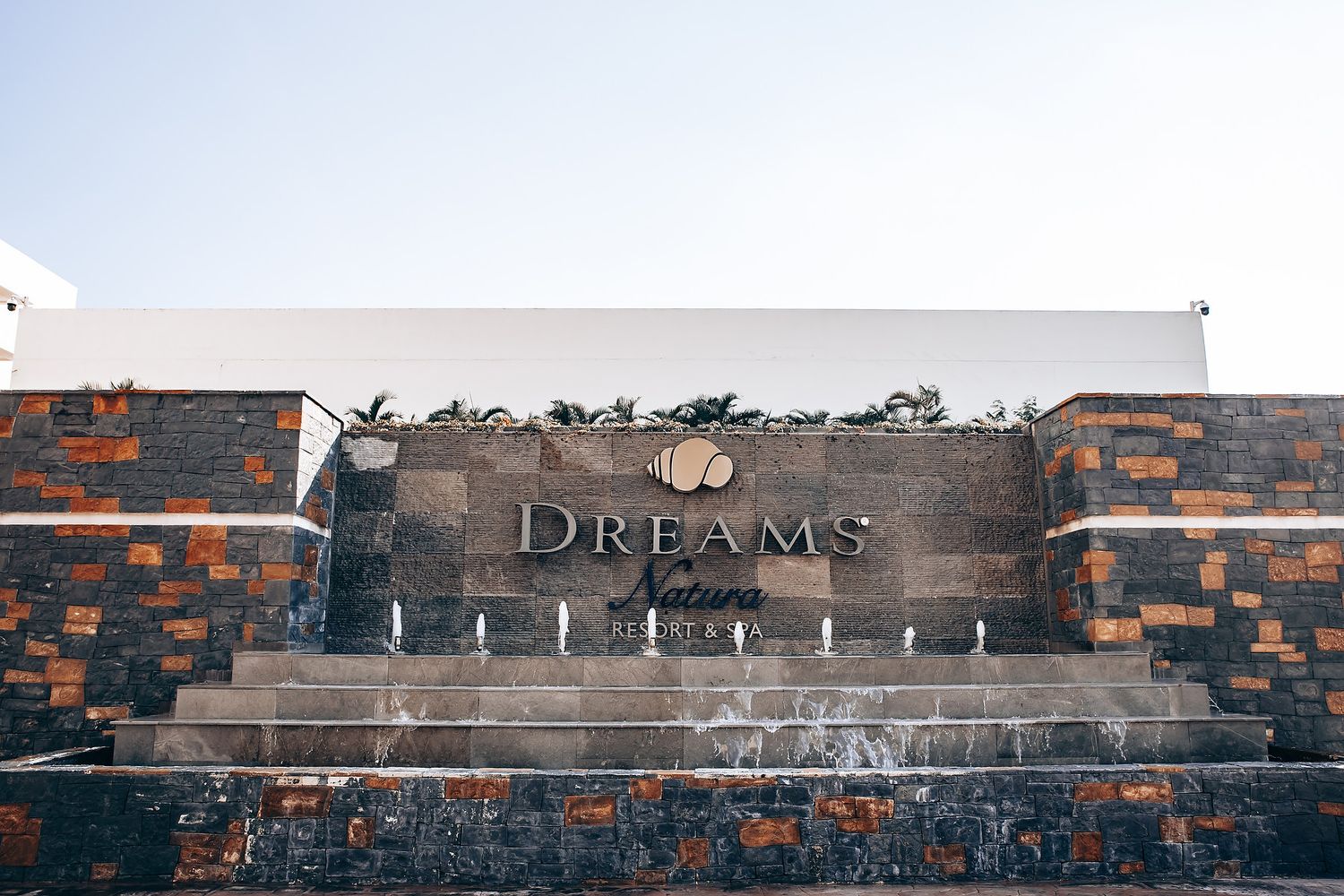A rustic stone wall with a 'Dreams' sign and decorative lighting creates an elegant event backdrop.
