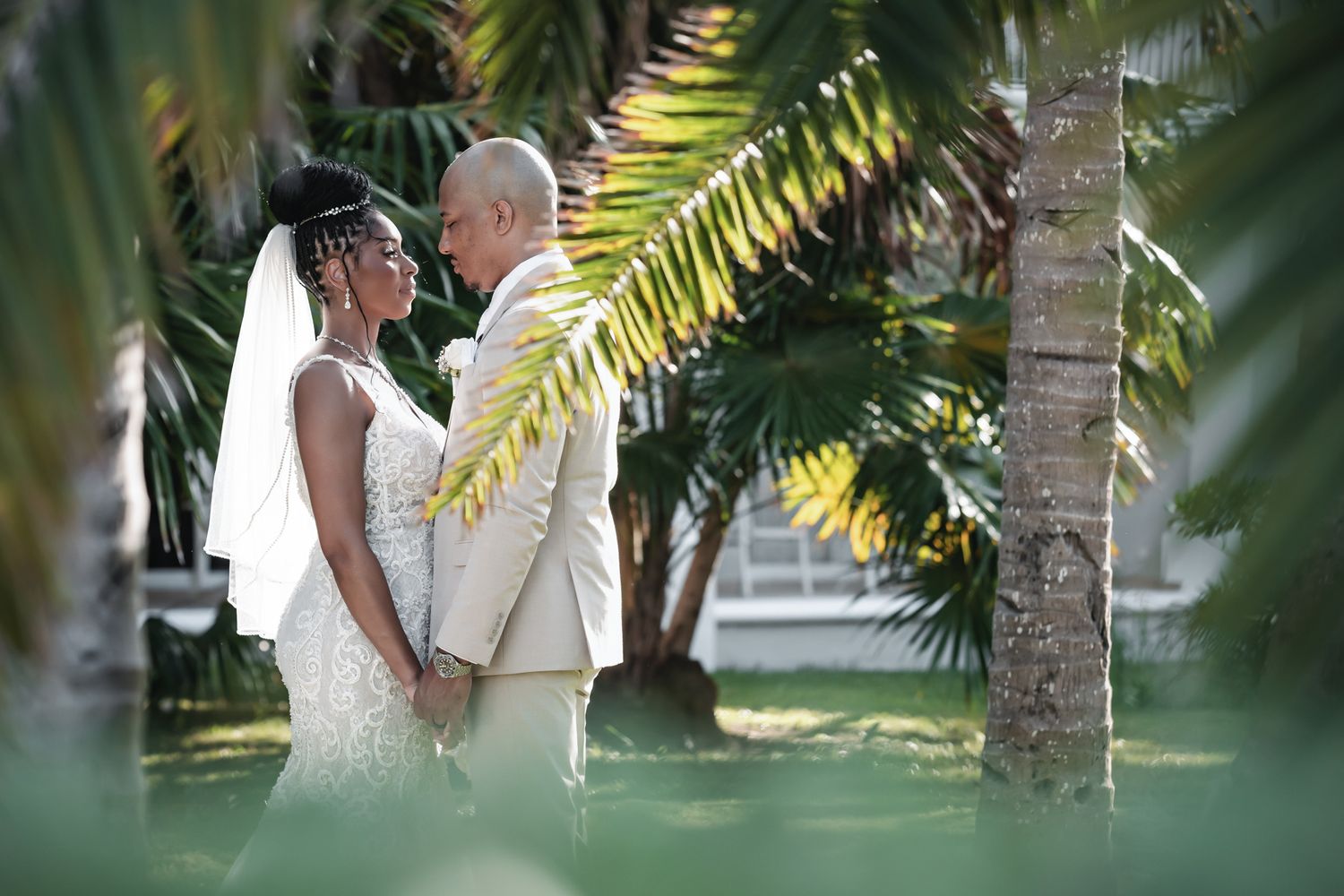 A bride and groom share a romantic moment surrounded by lush tropical palm trees on their wedding day.