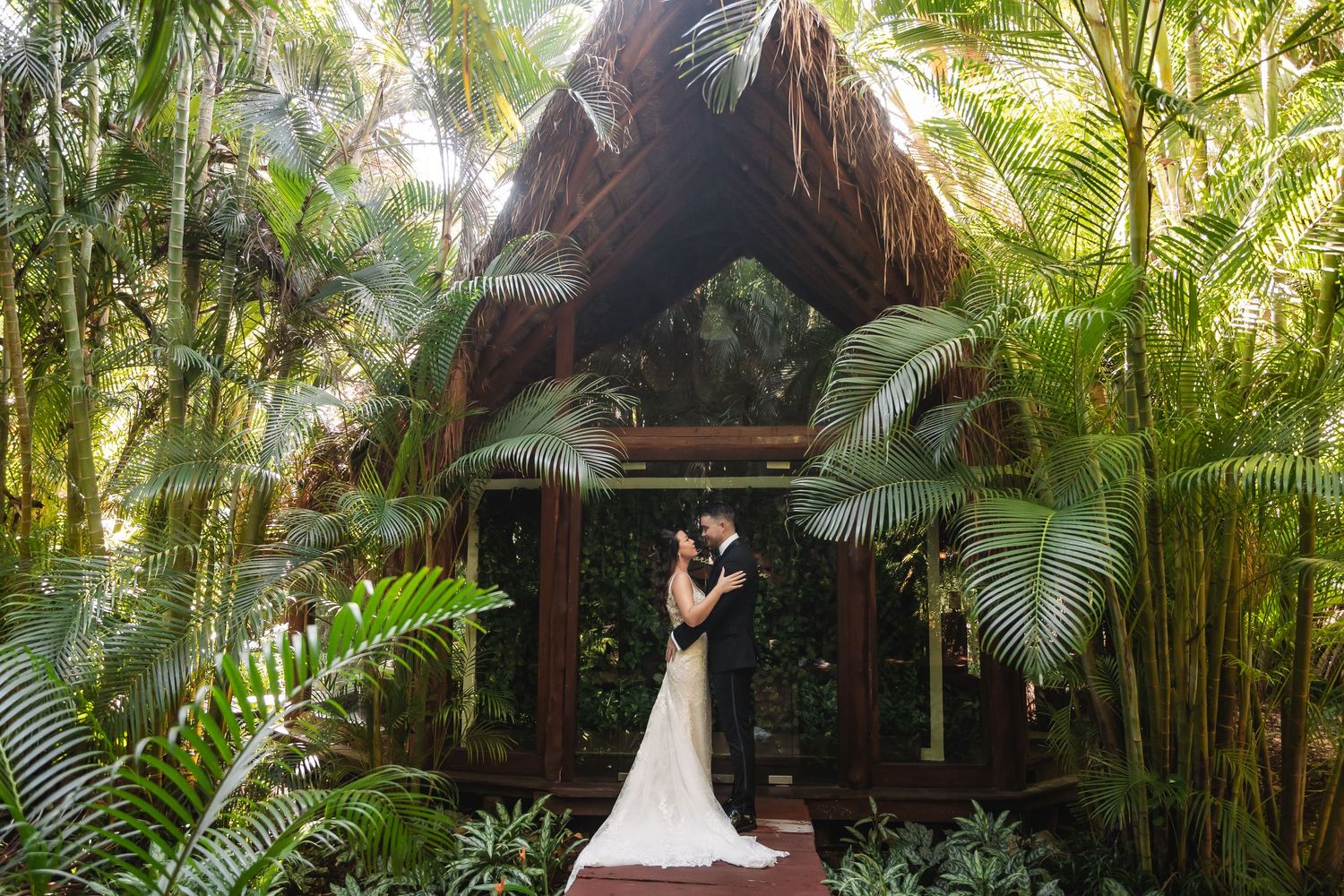 Intimate wedding moment captured in a tropical garden setting with palm fronds overhead.