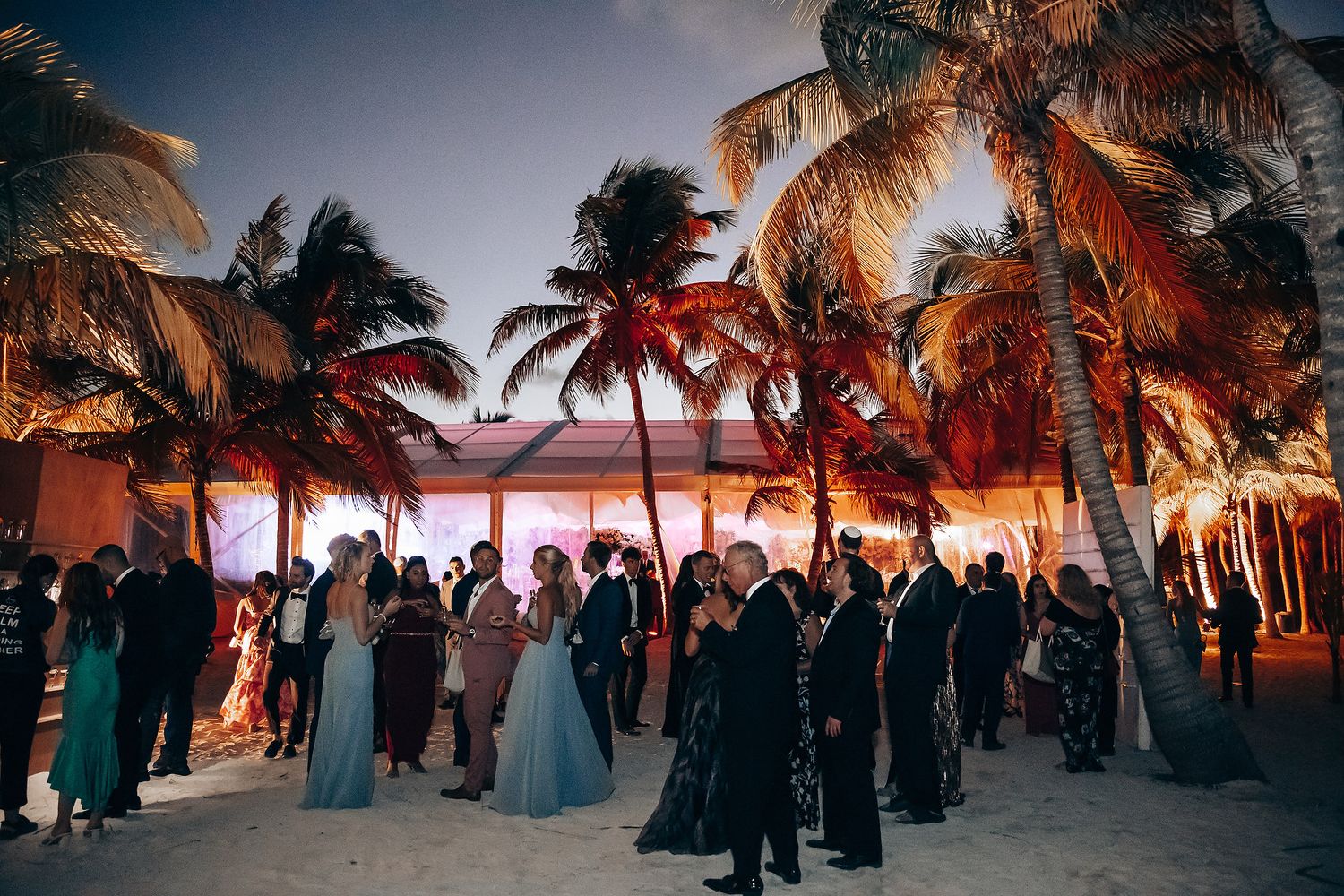 Sunset beach wedding celebration with guests silhouetted against orange sky and palm trees.
