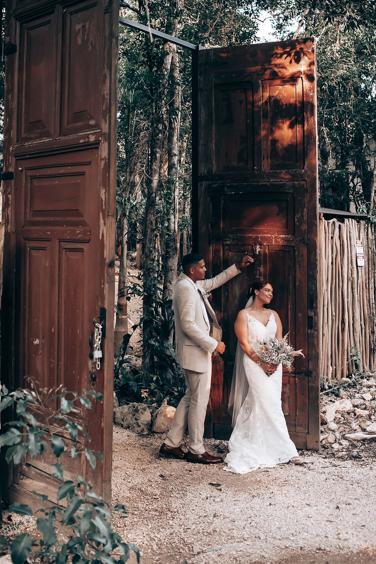 A wedding photo sequence featuring vintage wooden doors set against a rustic forest backdrop.