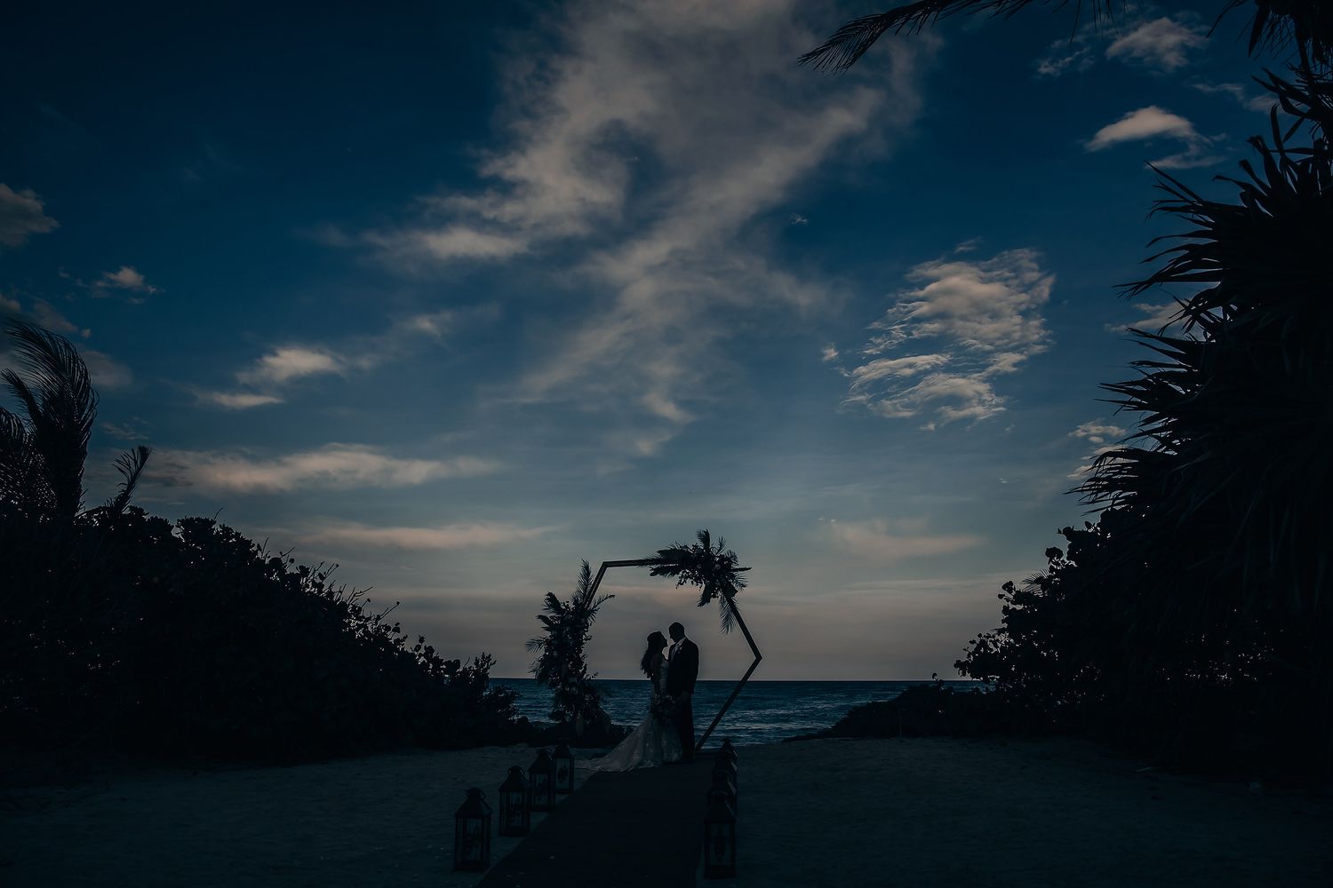 Dramatic silhouettes against a dusky blue sky with palm trees and clouds creating a romantic atmosphere.