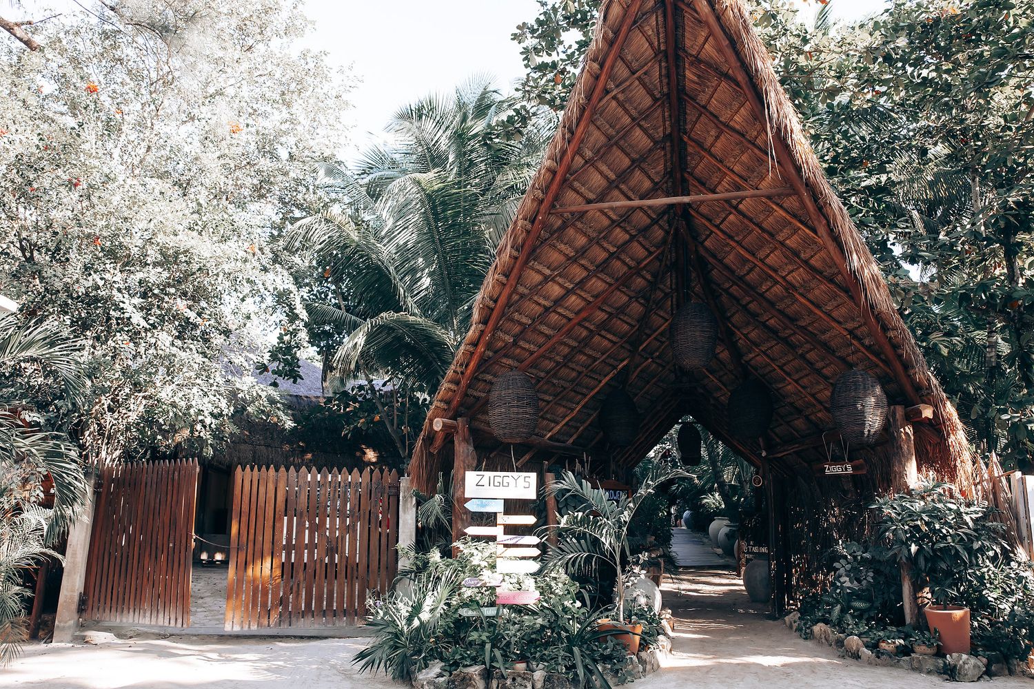 A wooden structure with a thatched roof surrounded by lush greenery and flowering trees.