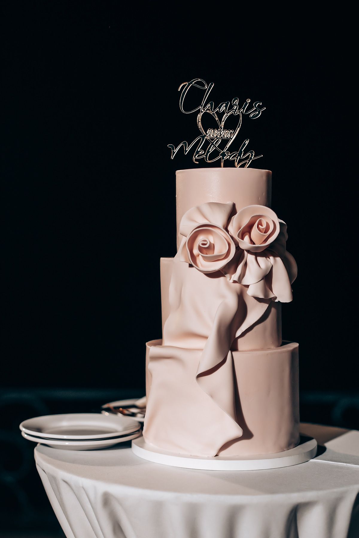 Elegant blush-colored wedding cake with sugar flowers against a dark background.