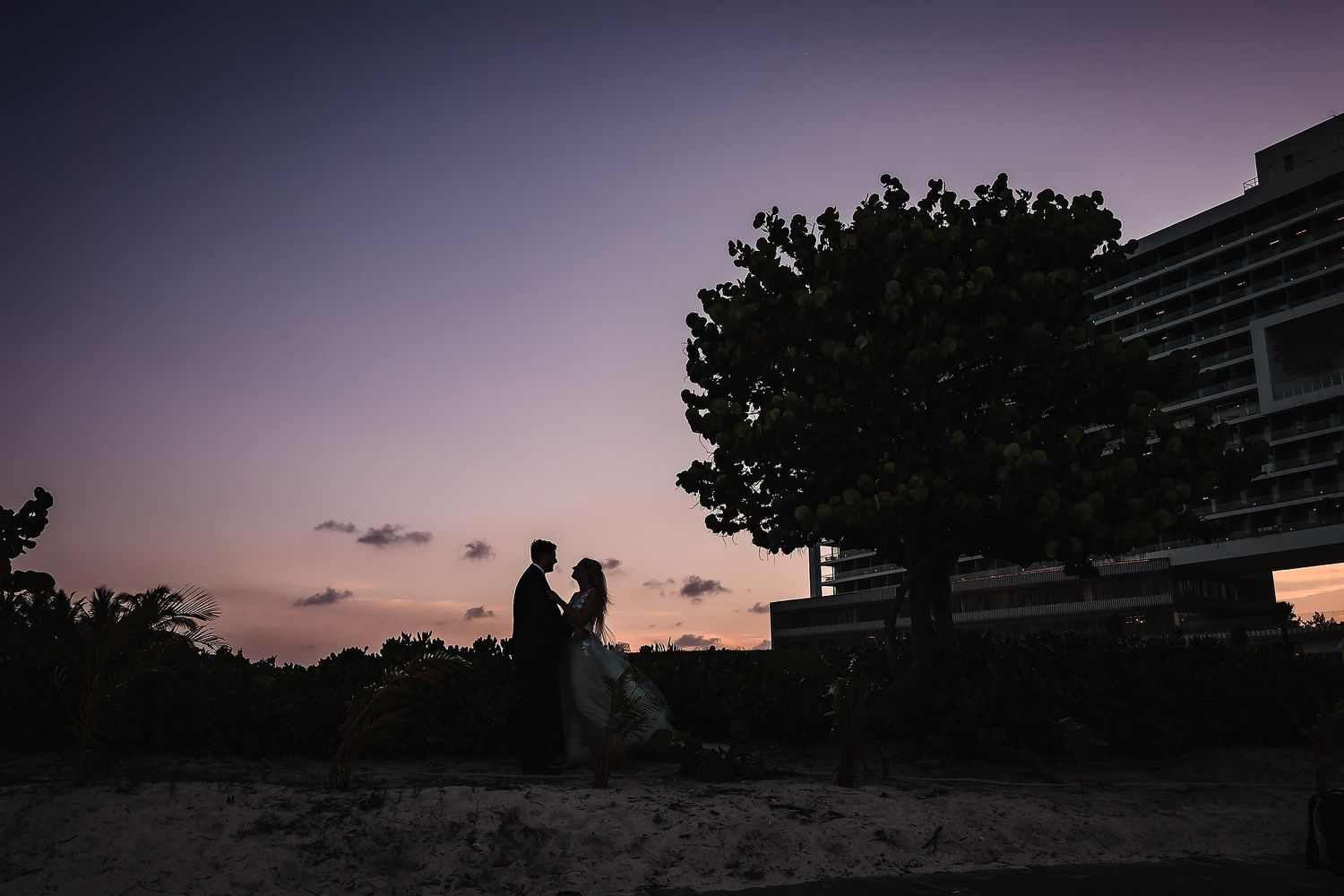 Silhouettes of a couple against a purple sunset sky create a romantic scene.