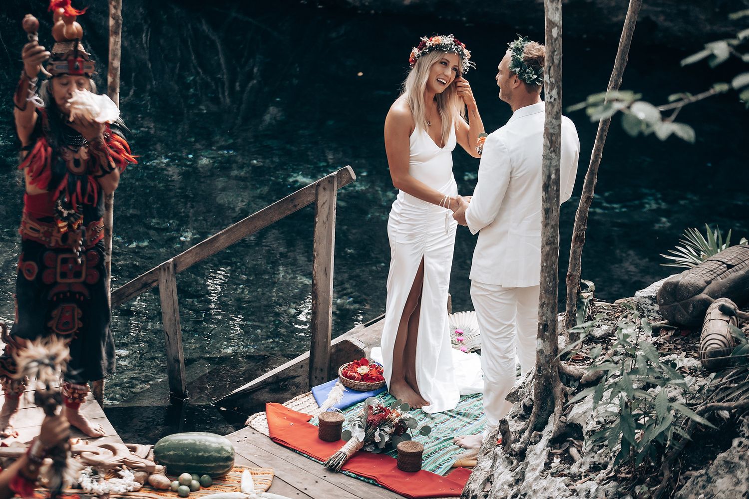 A woodland wedding celebration features decorative elements and natural surroundings.
