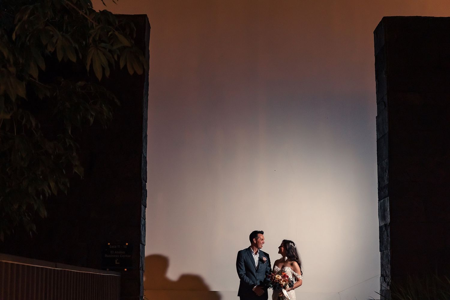 Artistic wedding portrait with dramatic lighting against a neutral backdrop.