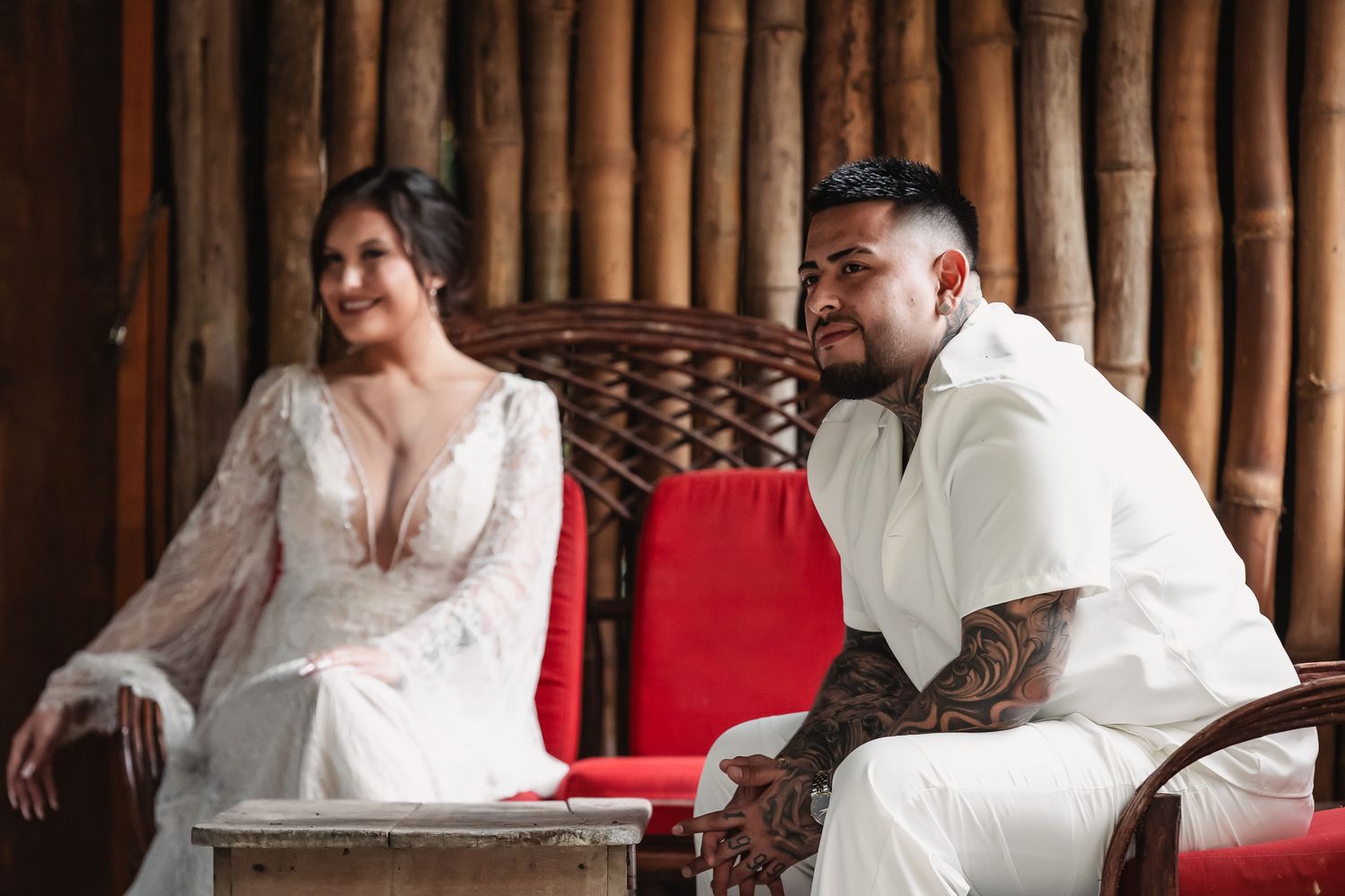A series of wedding photos showing intimate moments between a couple in a rustic wooden setting.