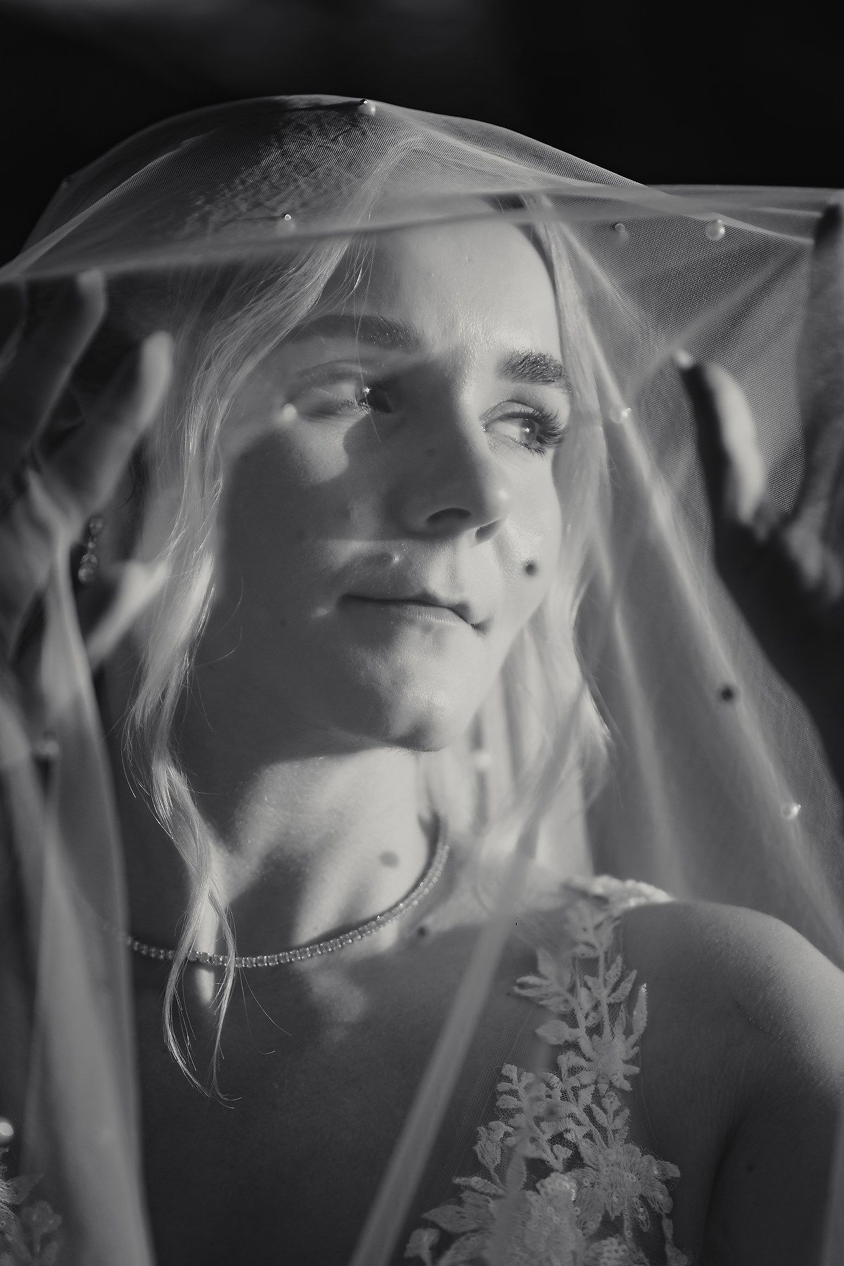 Ethereal black and white bridal portrait through delicate veil fabric.