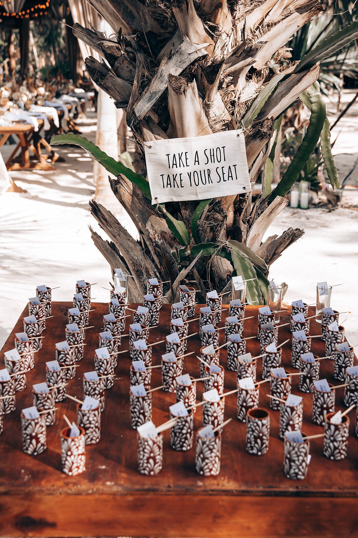 Rows of small shot glasses with decorative black and white patterns arranged on a wooden surface with greenery in background.
