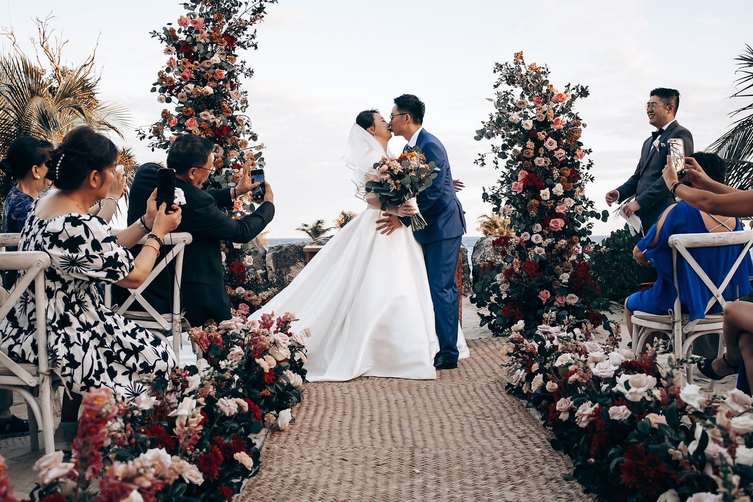 Wedding ceremony moments captured in sequence with floral decorations and outdoor setting.