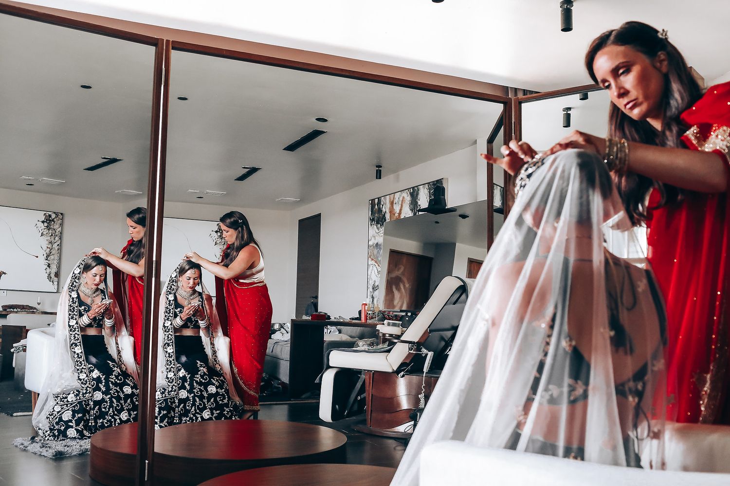 A collection of candid moments during Indian wedding preparations in a modern interior setting.