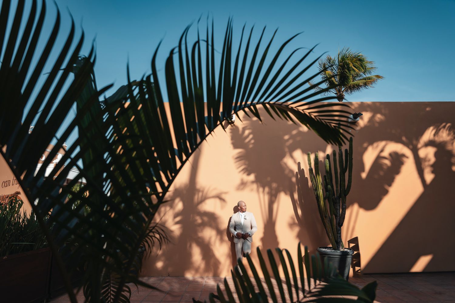 Person standing against a terracotta wall with palm tree shadows and lush tropical plants under a clear blue sky.