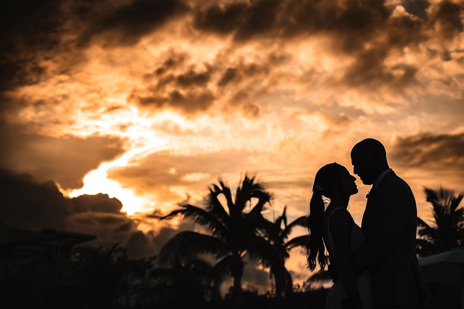 Silhouetted couple against dramatic sunset sky with palm trees in tropical setting.
