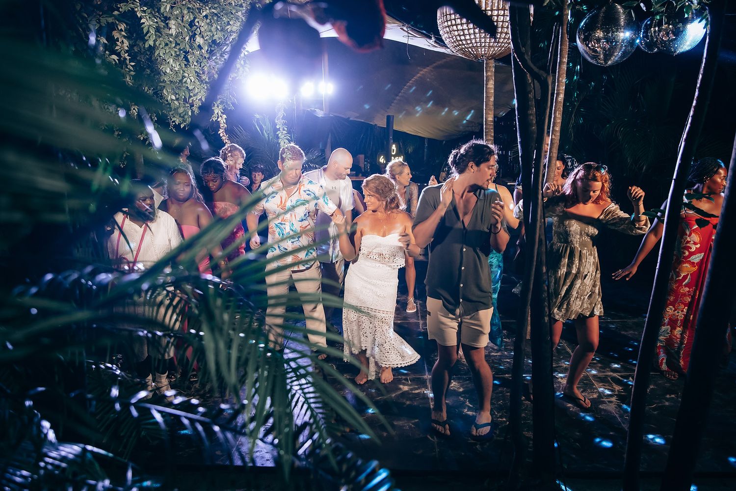 Energetic dance party scene with guests celebrating on the dance floor.