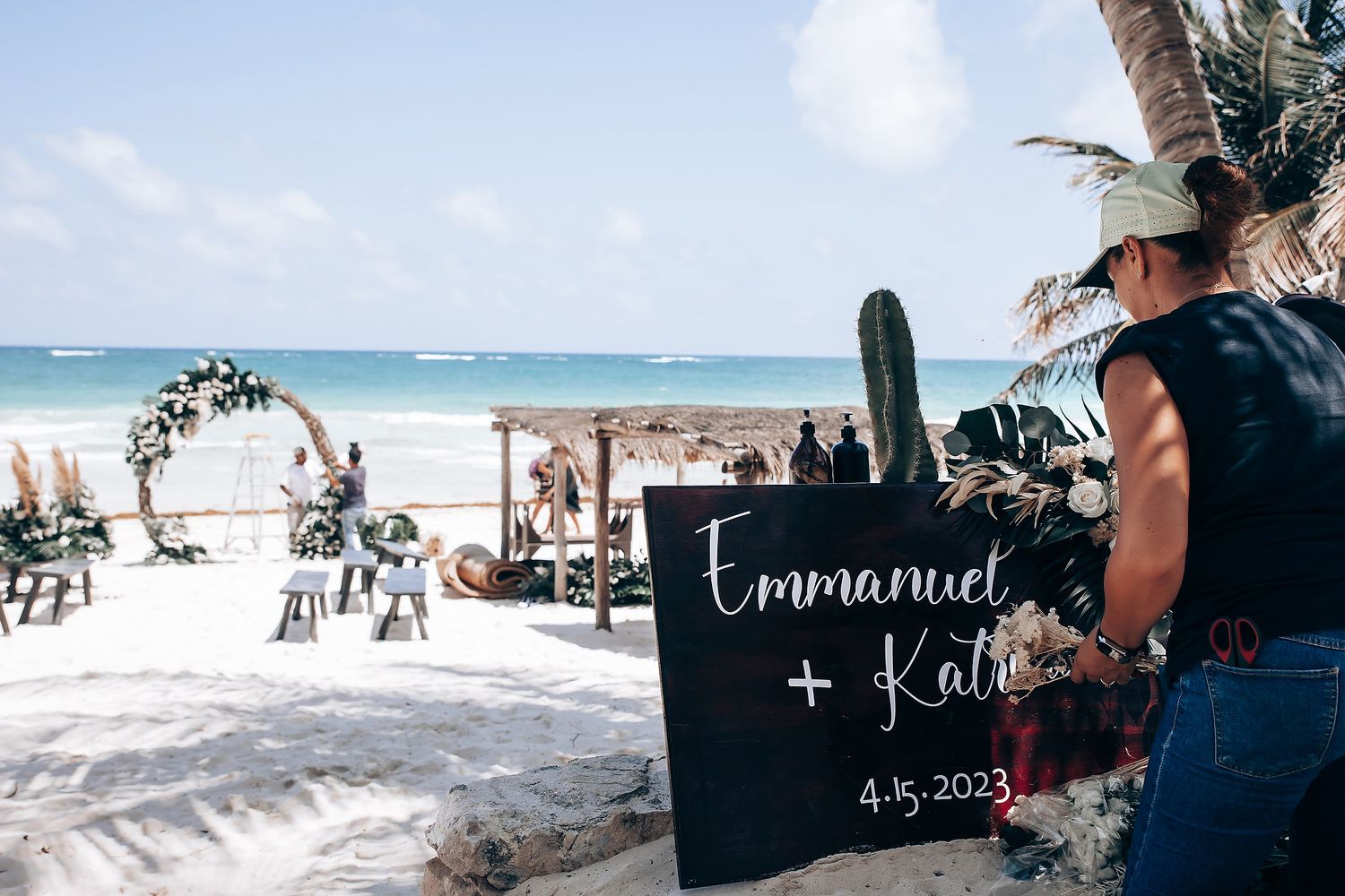 A collage of beach wedding scenes with palm trees, ocean views, and beach umbrellas on a sunny tropical day.