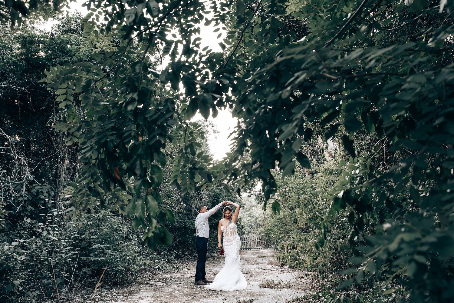 A wedding celebration takes place on a tree-lined path in natural lighting.