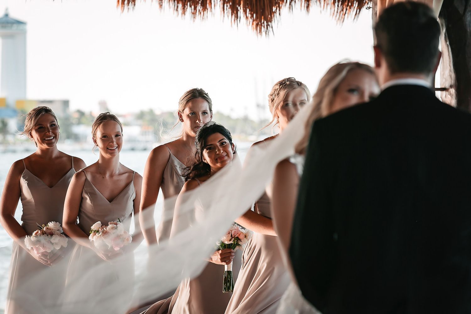Wedding party members in formal attire gather for group photos.