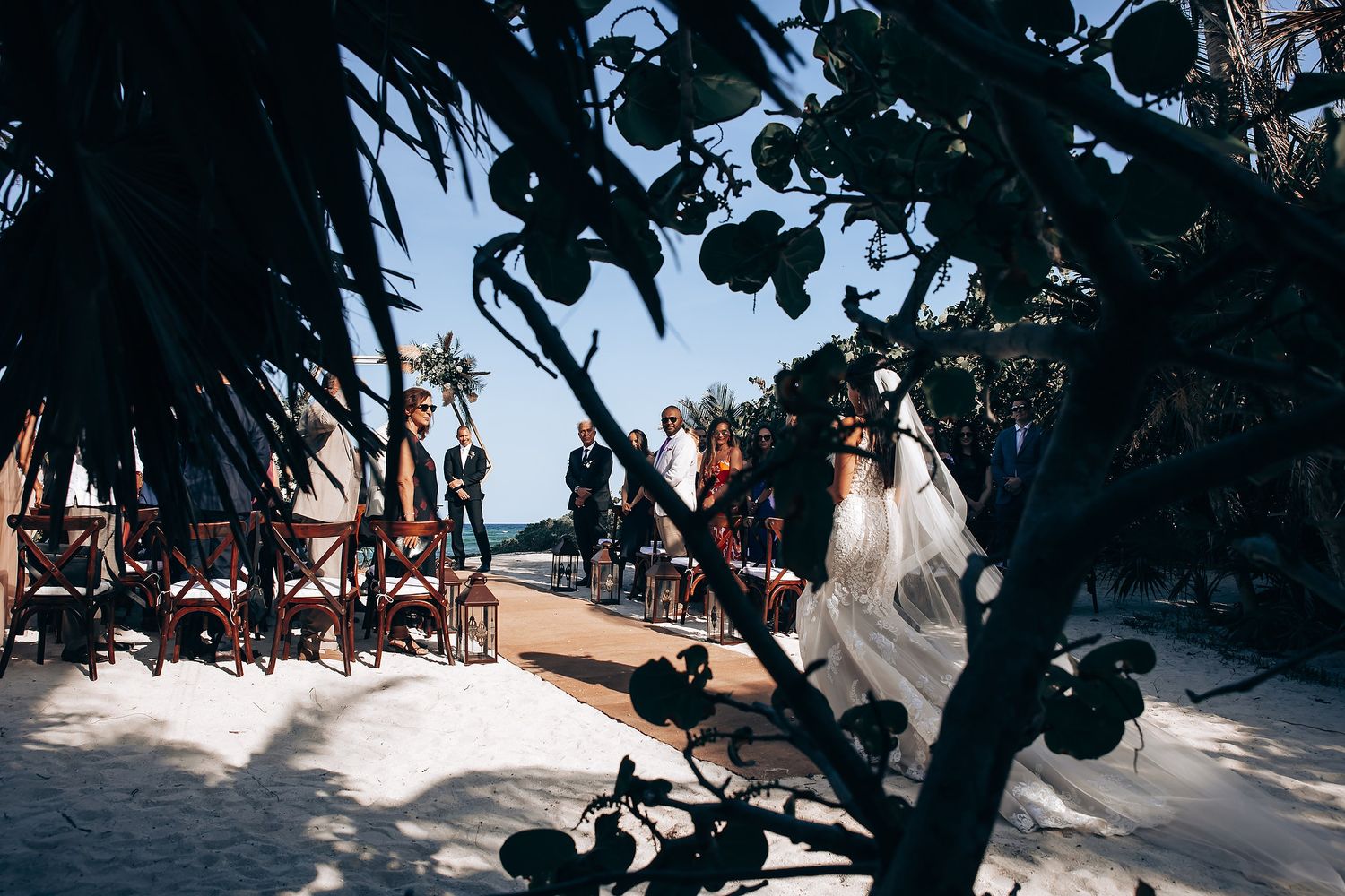 Wedding ceremony setup on a tropical beach with chairs arranged under palm trees.