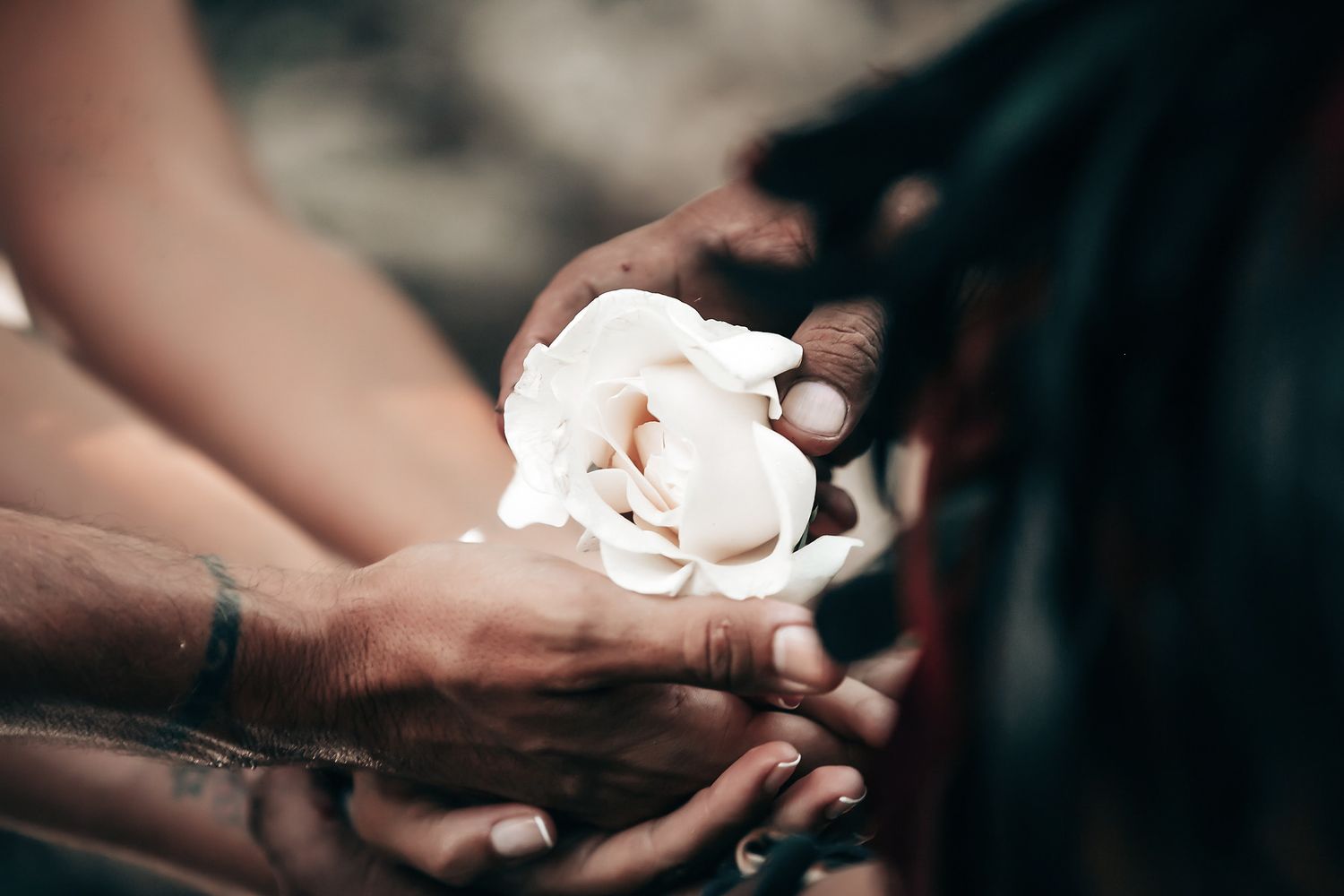 A couple exchanges vows or rings during a wedding ceremony in a scenic outdoor location.