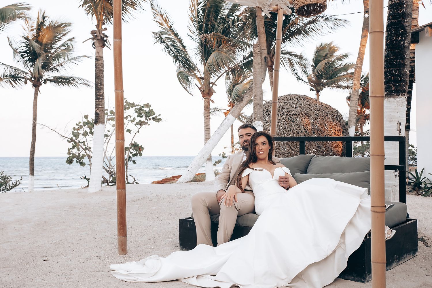 A romantic beachside photo sequence shows a couple posing under palm trees on a white sandy beach.