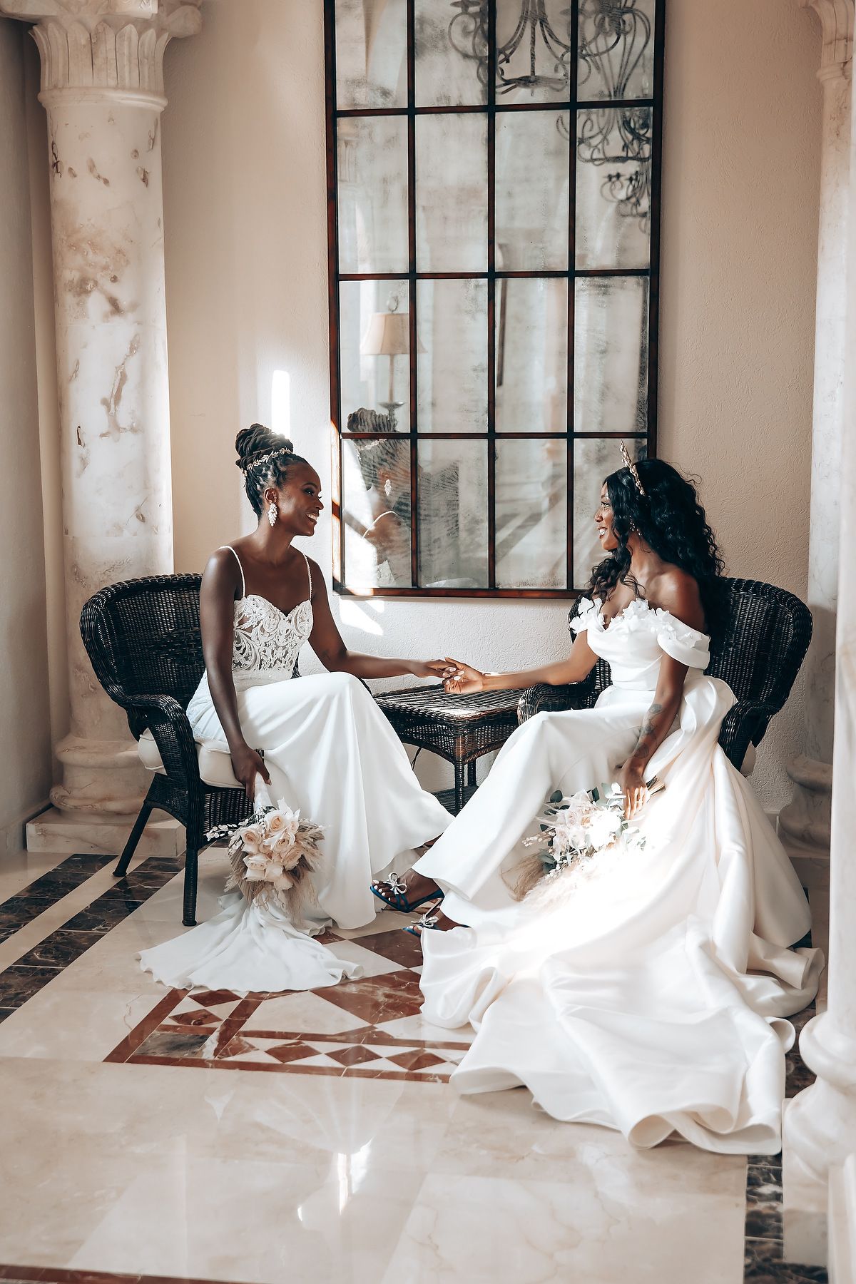 Artistic bridal portraits in an elegant interior with classical columns and black chairs.