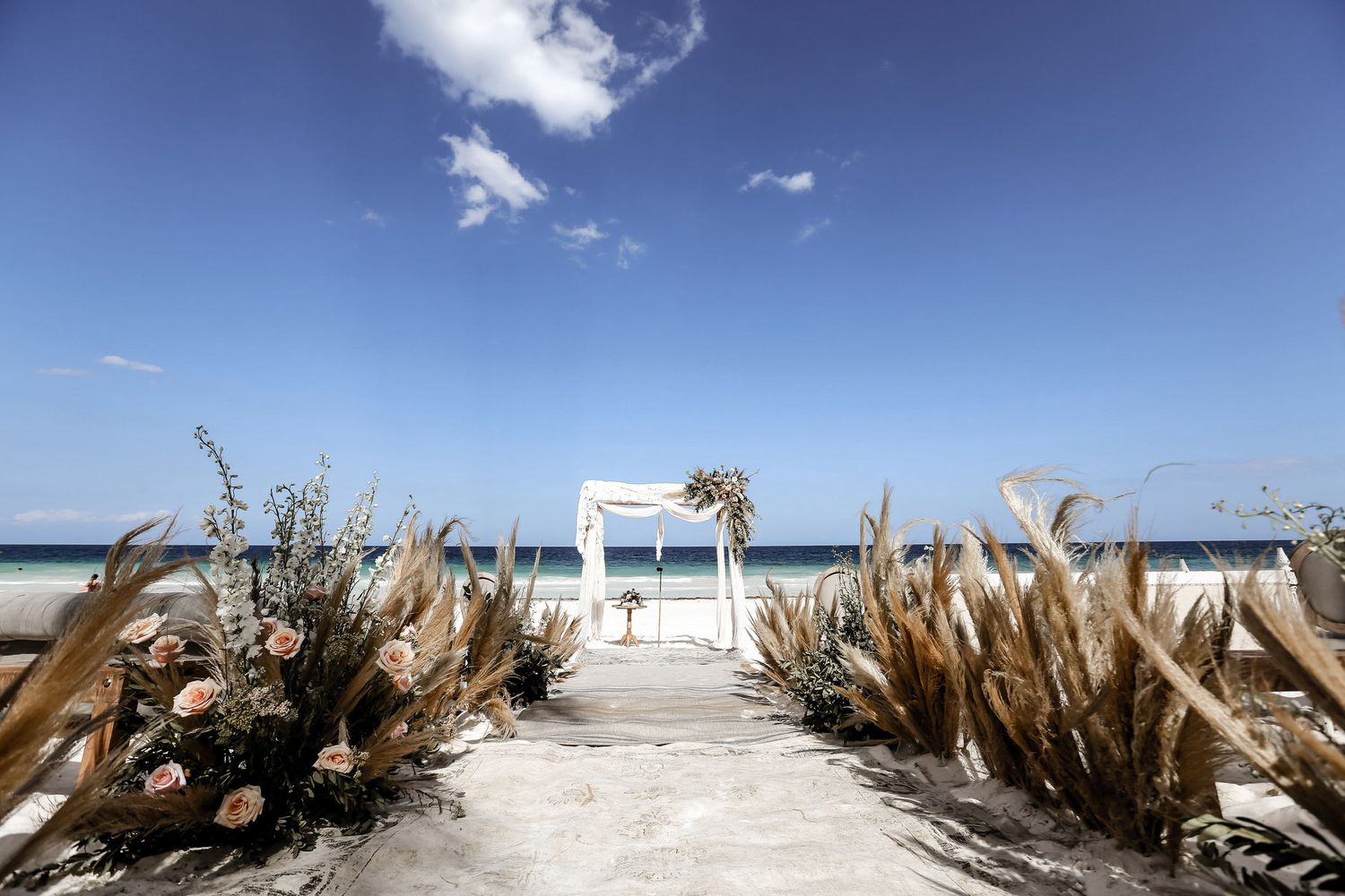 Panoramic view of beach driftwood and sand against bright blue sky.