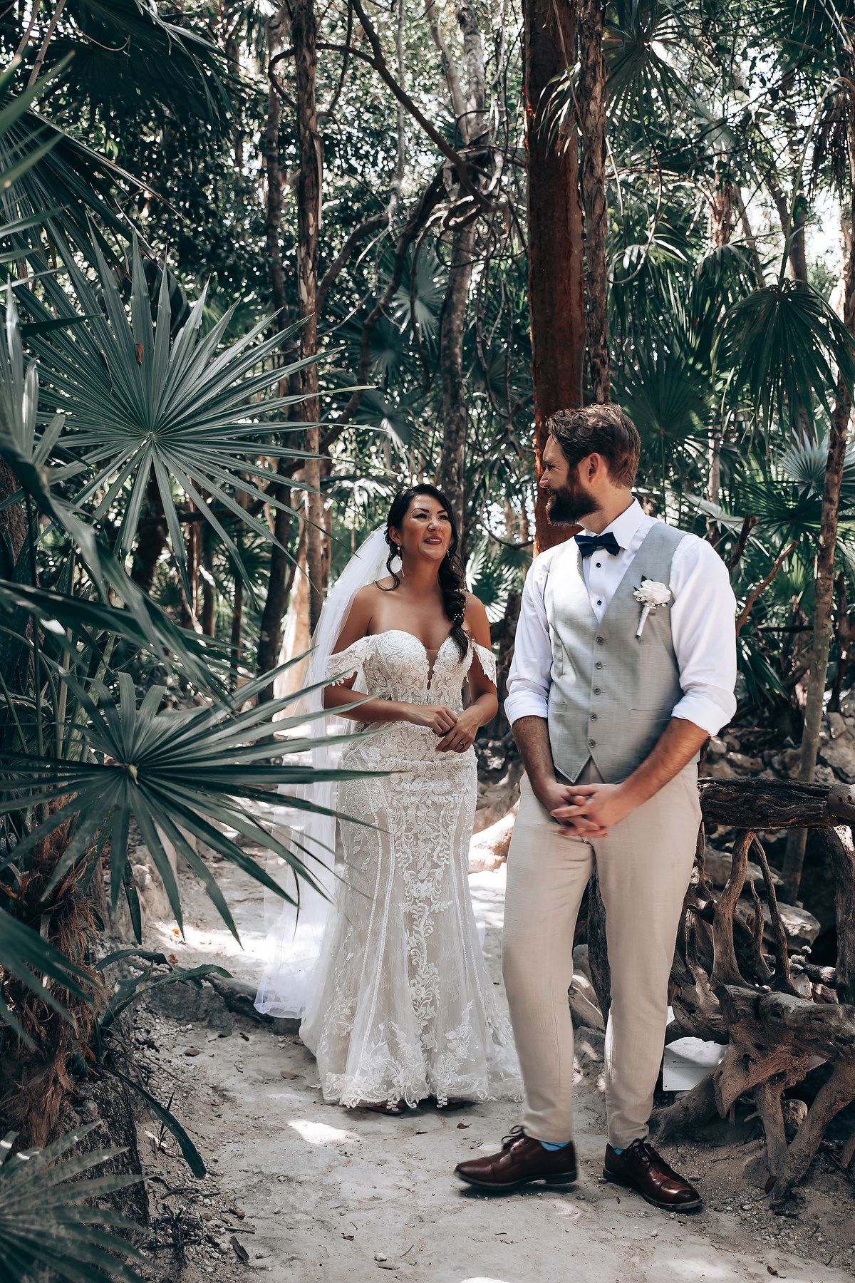 Romantic wedding photoshoot sequence in a tropical garden setting with palm trees and natural lighting.