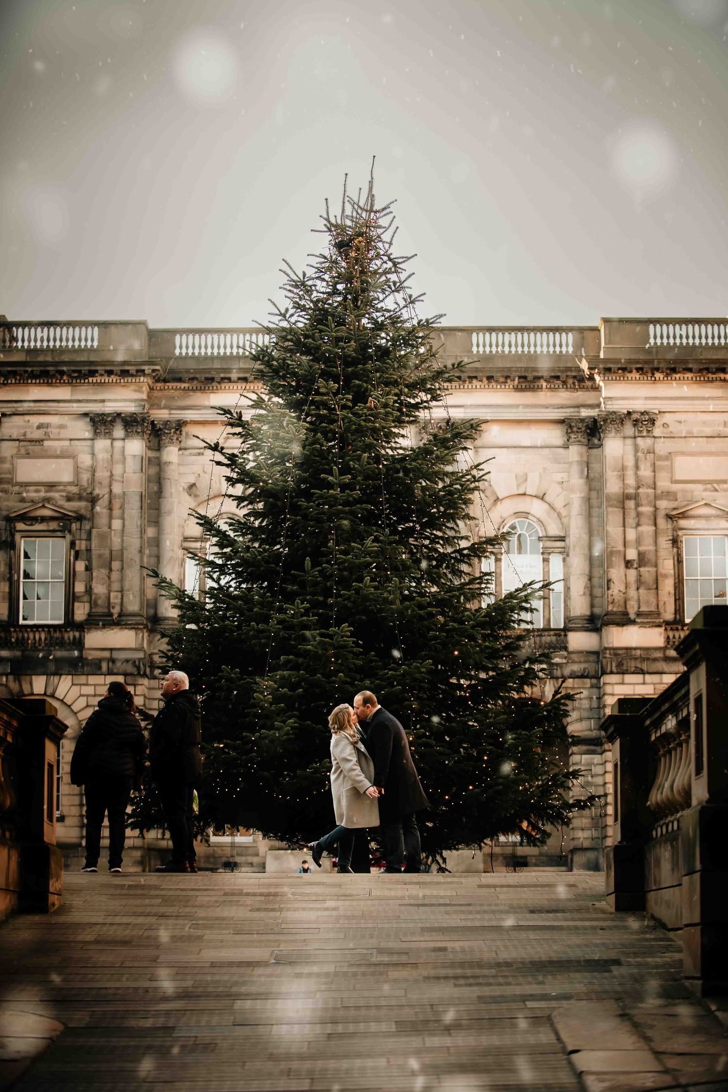 A large Christmas tree stands in front of a historic stone building facade as people gather around it on a moody winter day.