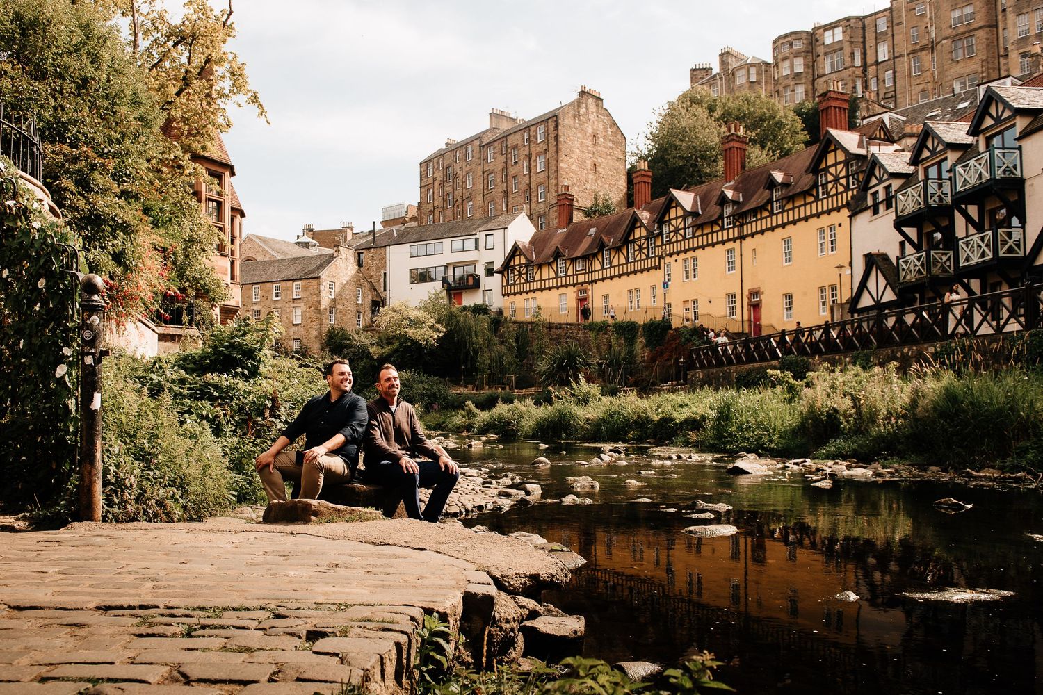 Wide panoramic shots of a couple's engagement session along Water of Leith in Edinburgh.