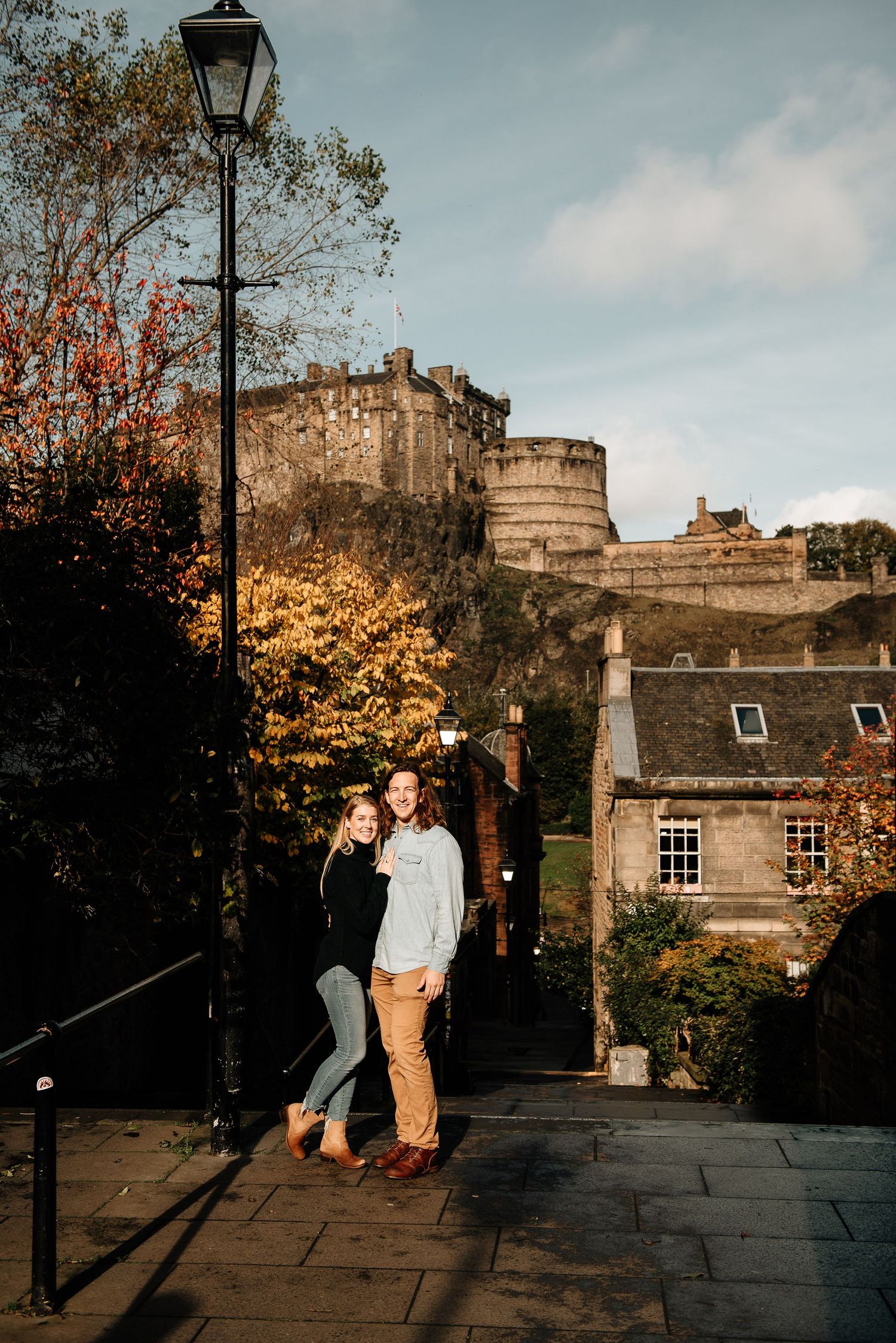 Golden hour photography session along the historic walls of Edinburgh Castle.