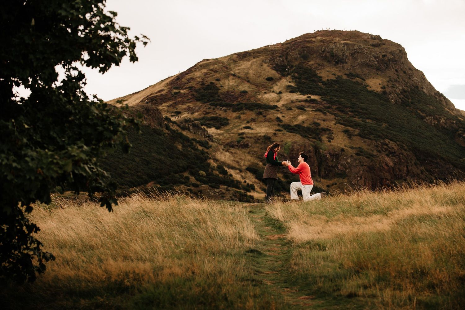 A person proposing on one knee to their partner on a grassy hillside trail with a scenic mountain backdrop.