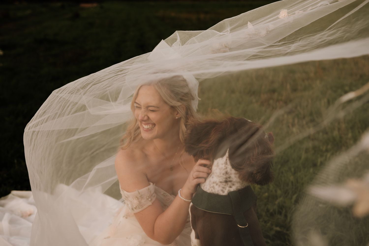 Laughing bride in off-shoulder gown with veil blowing in wind beside a horse on green grass.