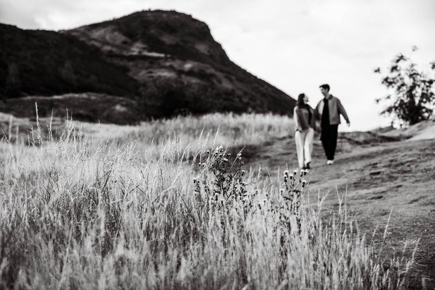 Silhouettes of people walking along mountain path at dusk.