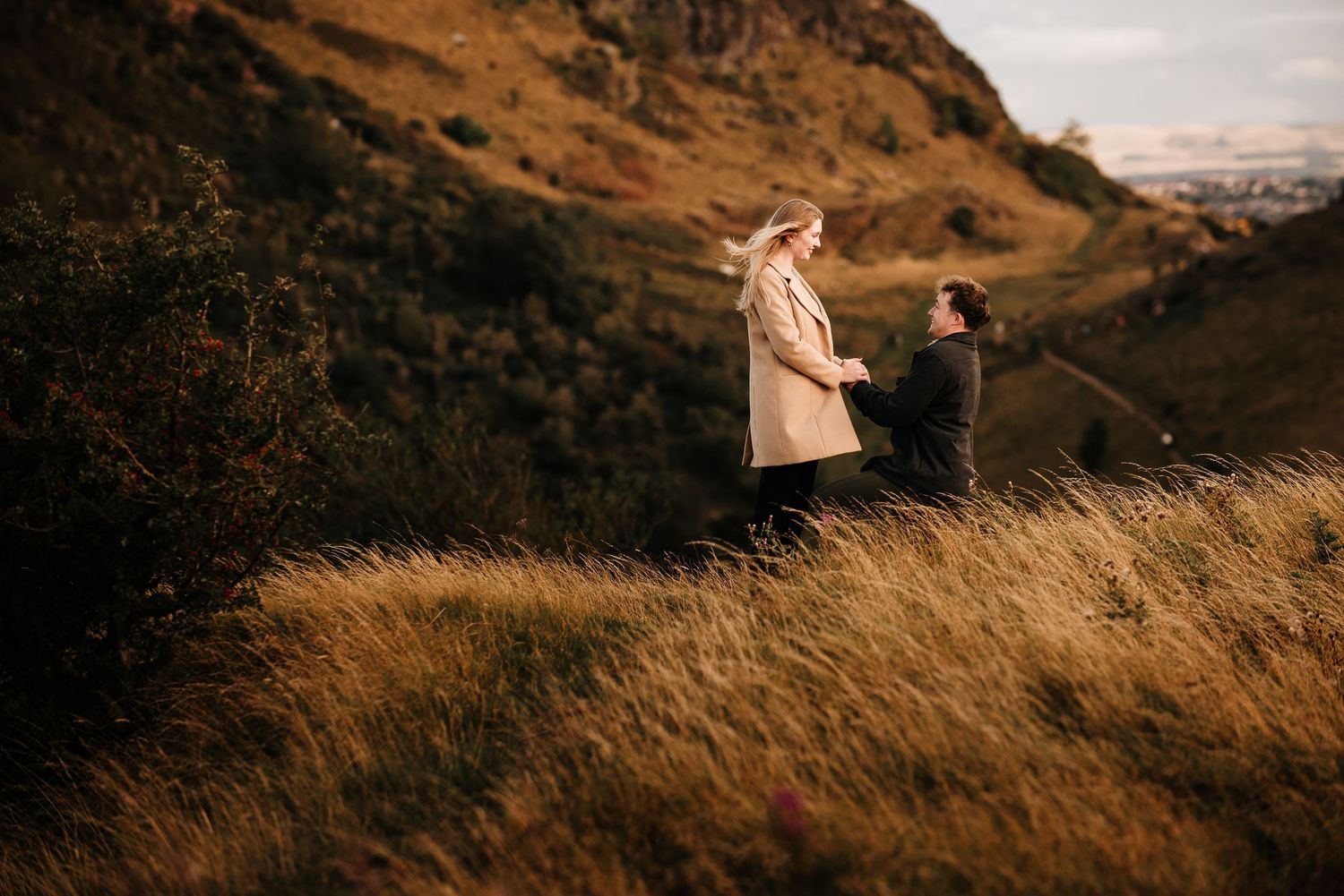 Sweeping view of mountainous terrain with tall grass swaying in the wind.