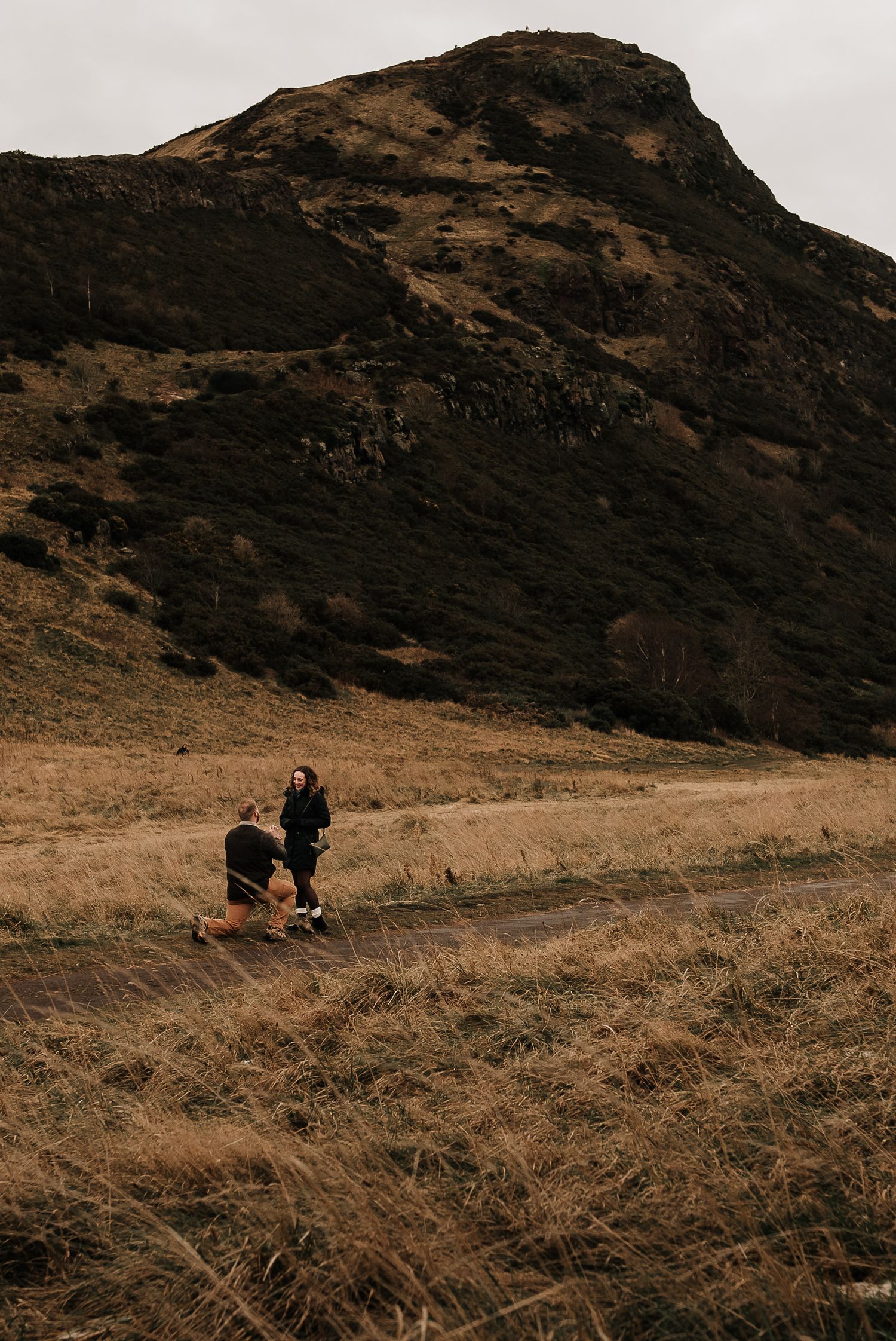 Scenic hiking trail winding along a rugged mountainside with golden grass.