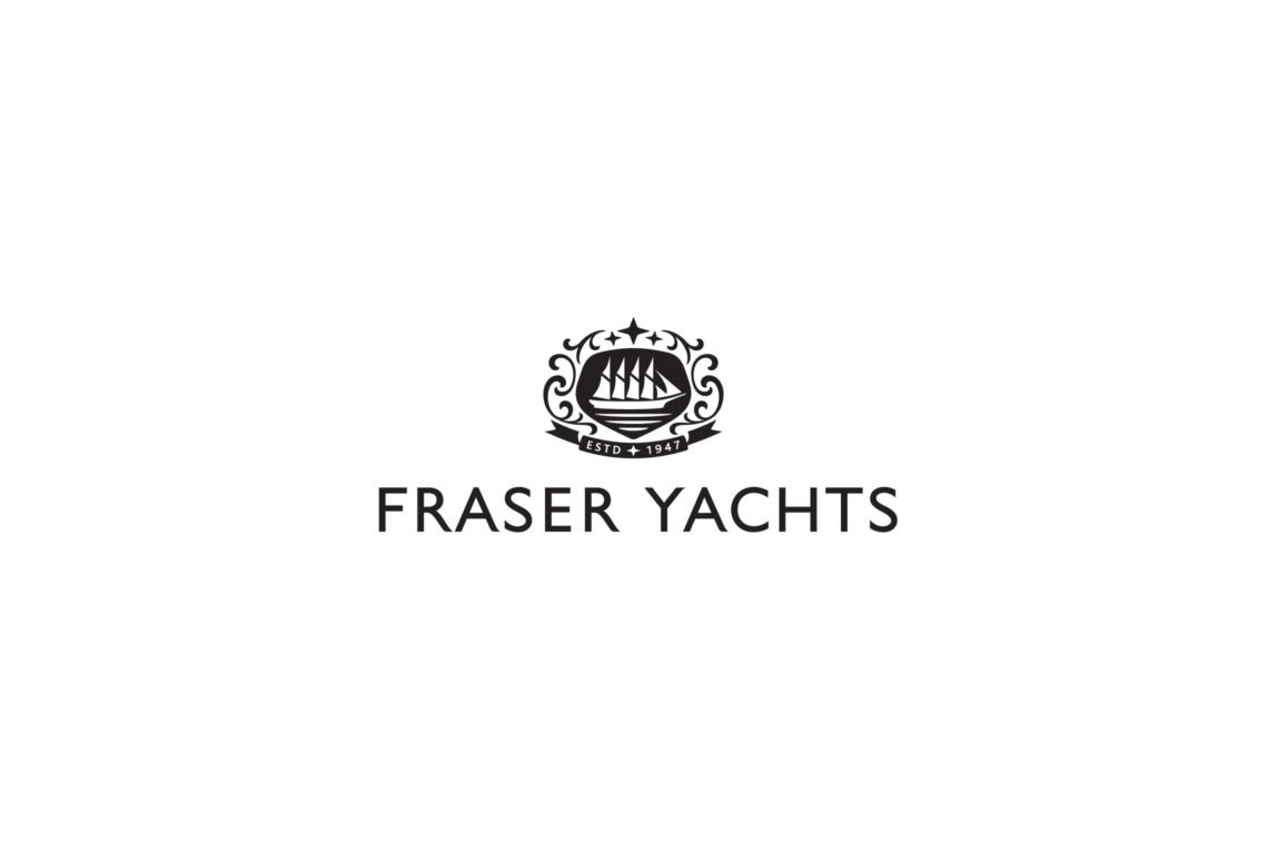 Fraser Yachts luxury boat company logo with crown and ship emblem in black.