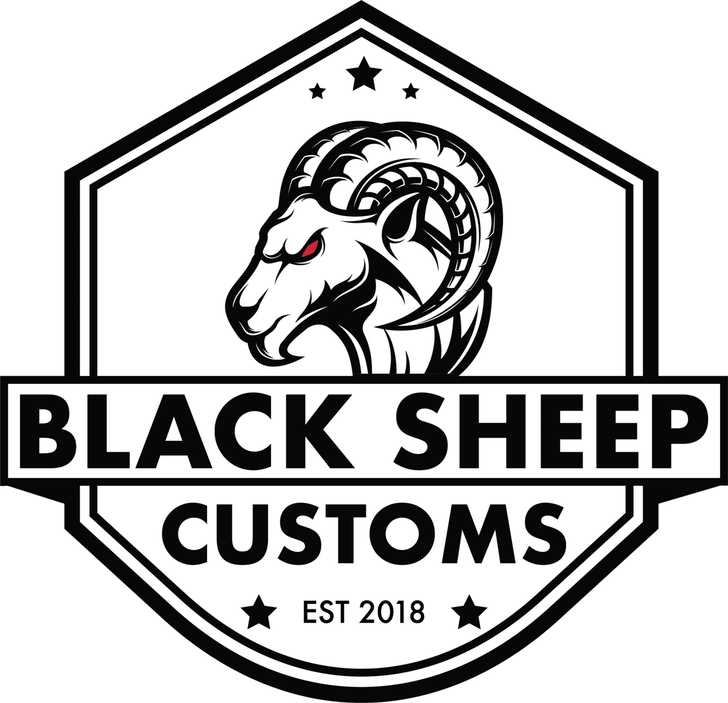 Black Sheep Customs logo featuring ram head in hexagonal badge design.