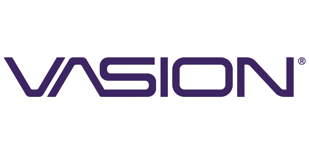 Purple modern Vasion company logo with angular typography design.