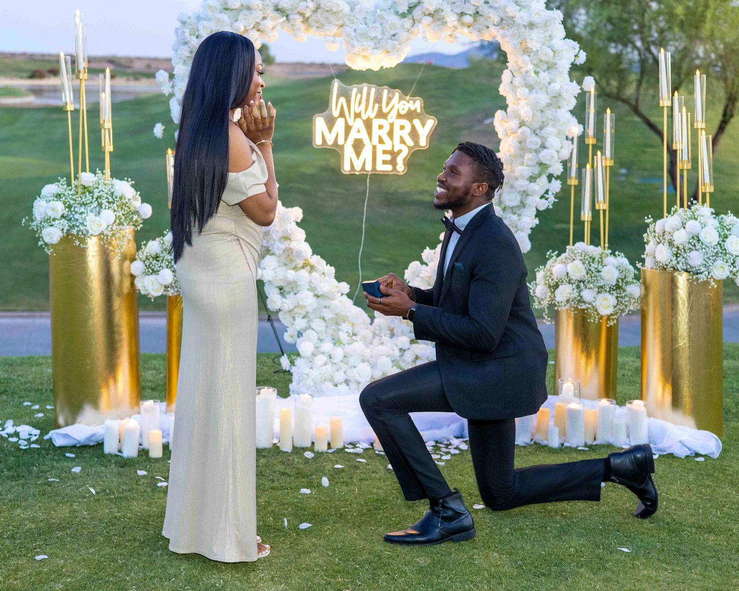Marriage proposal setup with white floral arch and gold decor on grass.