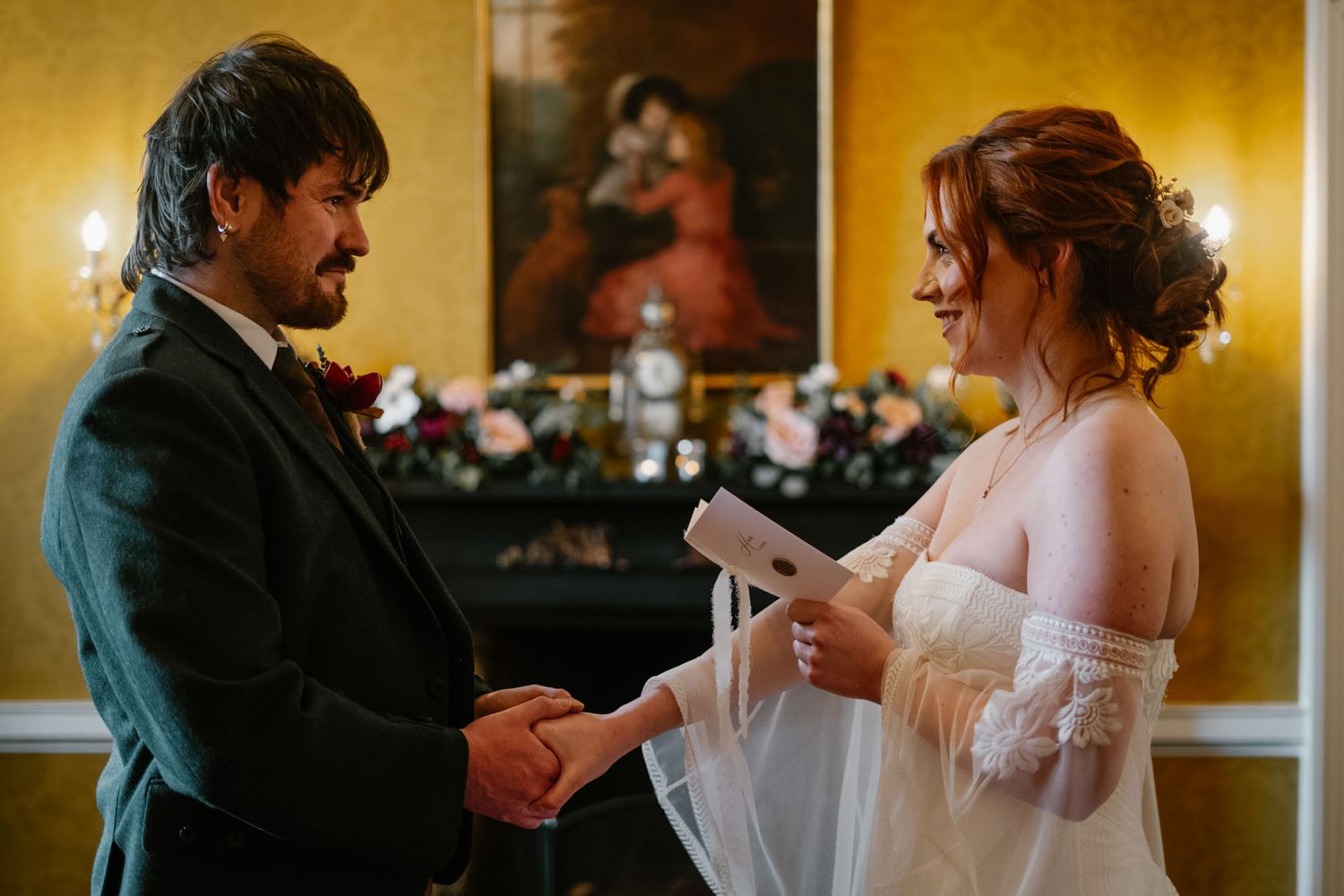 Wedding ceremony sequence in warm golden lighting with couple exchanging vows.