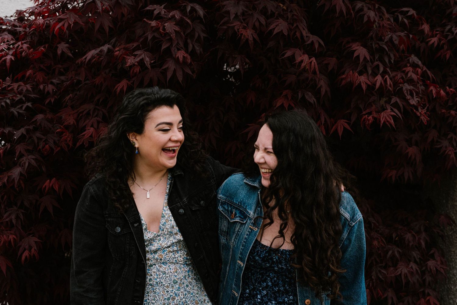 Group enjoying laughter together against dark red autumn foliage background.