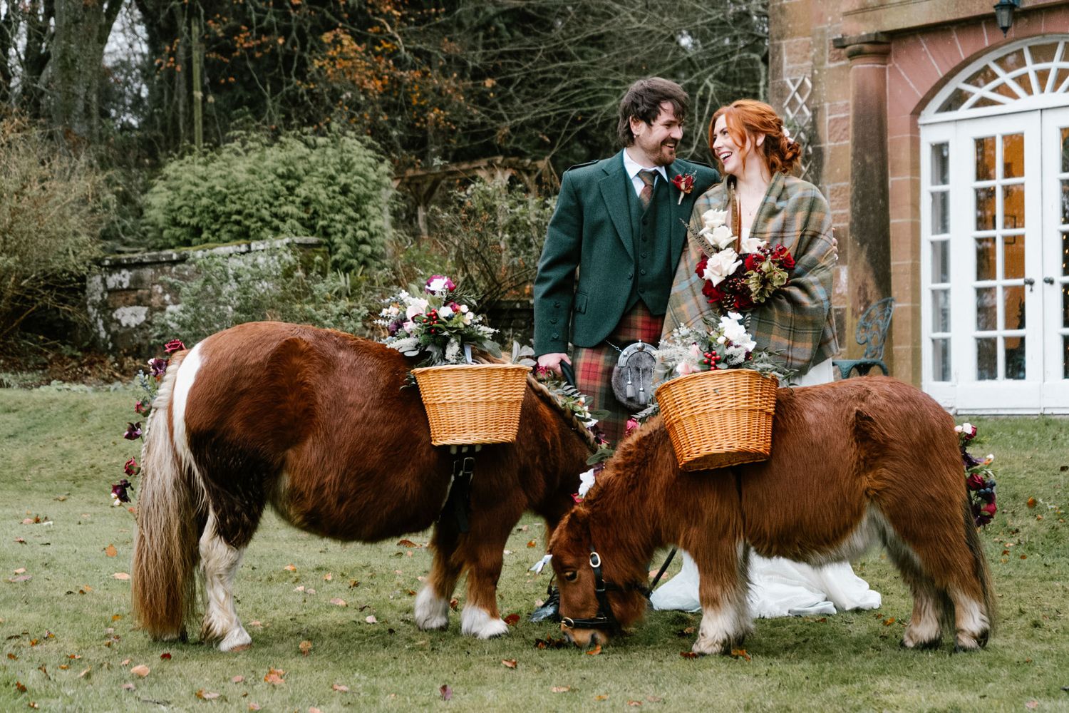 Majestic Clydesdale horses adorned with wicker baskets walk along a path near a white building.