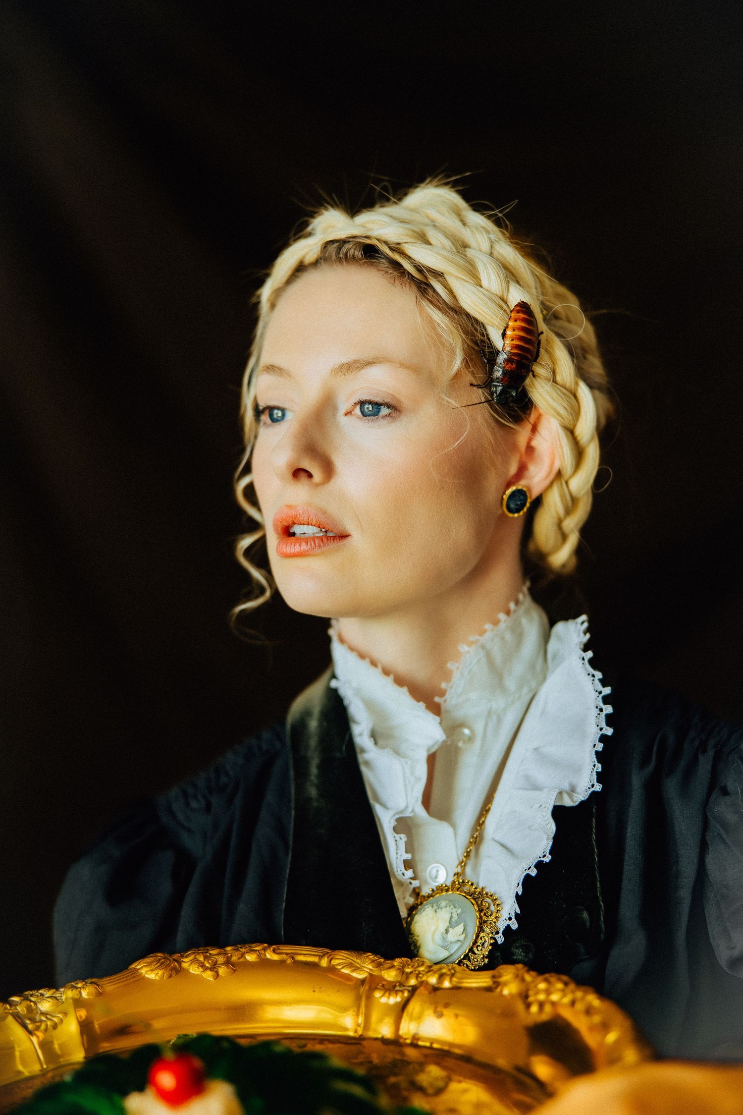 Portrait photography of a renaissance-style wardrobe with cockroaches and green jello