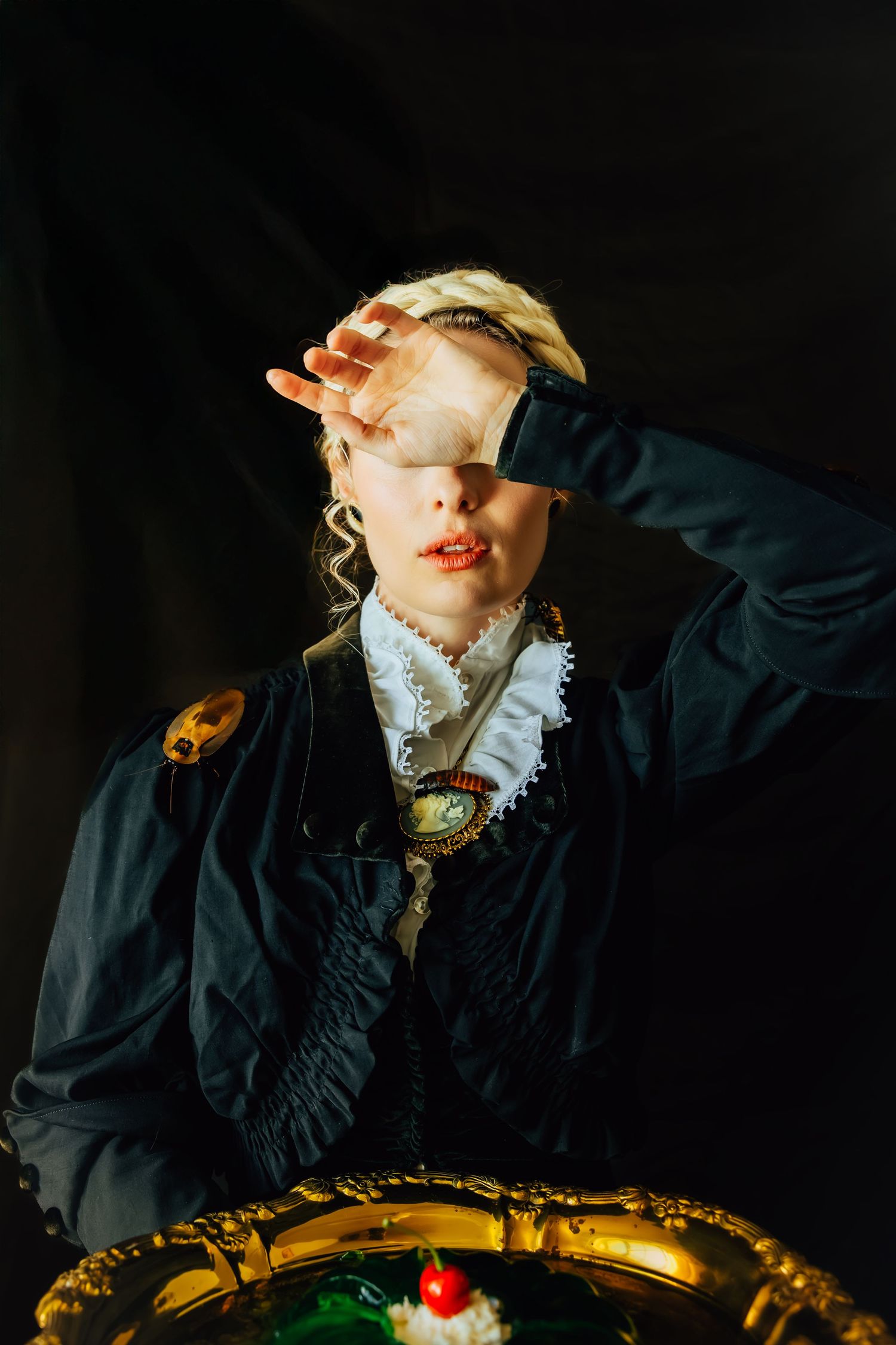 Portrait photography of a renaissance-style wardrobe with cockroaches and green jello