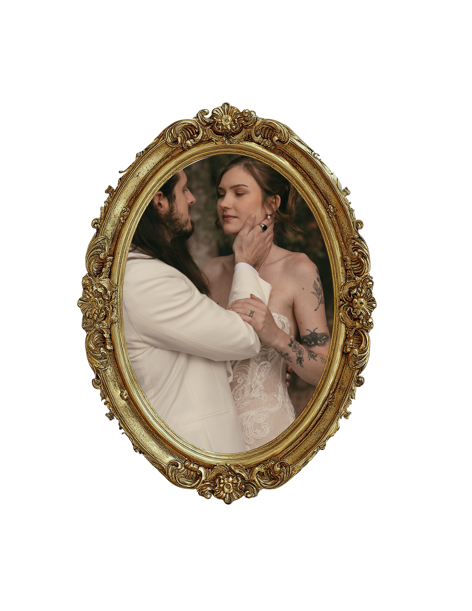 Intimate wedding couple with ornate frame in PA by Gypsy Lens Photography. Moody, filmy, vintage, documentary wedding photography.