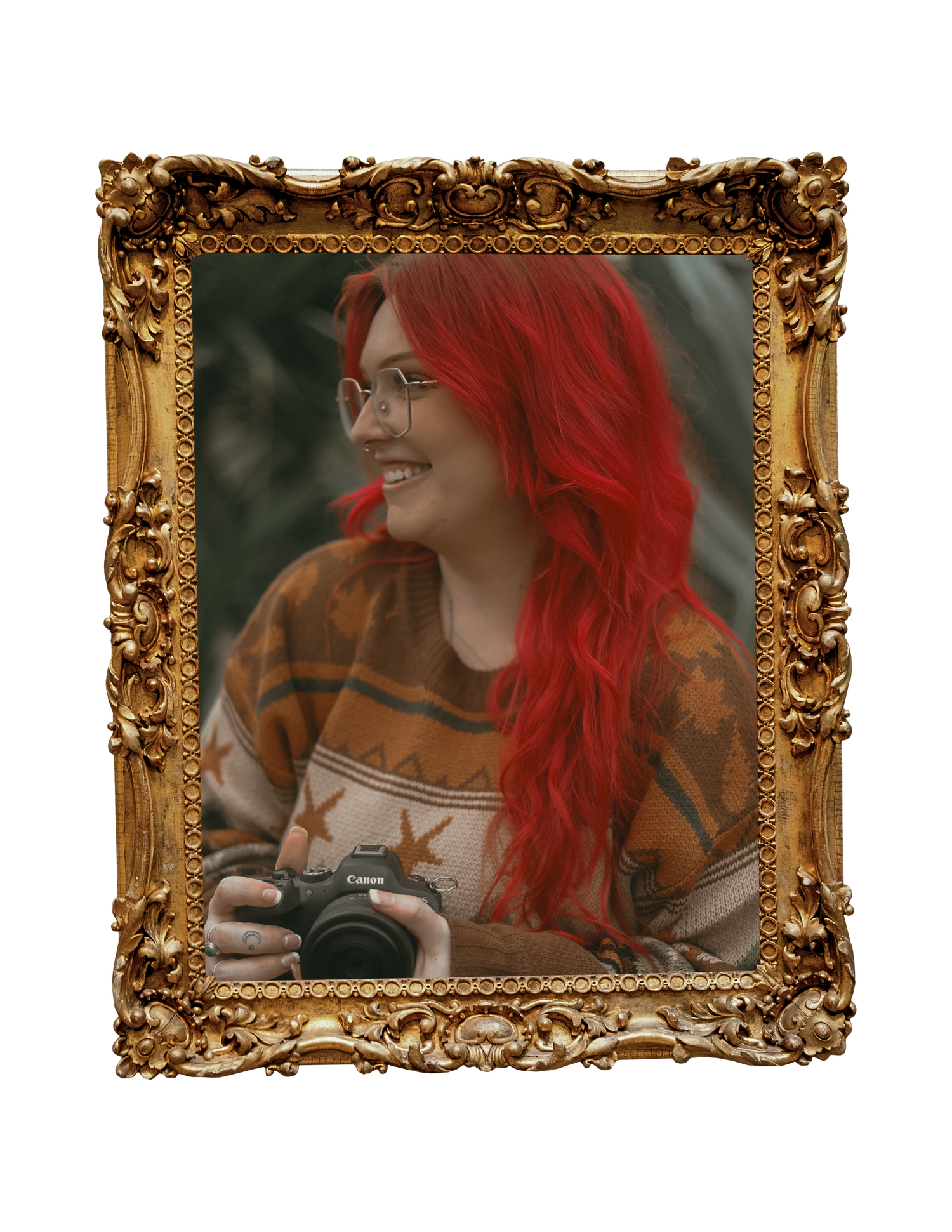 Self portrait of photographer with ornate frame for Gypsy Lens Photography, Northeast Ohio documentary wedding and elopement photography.