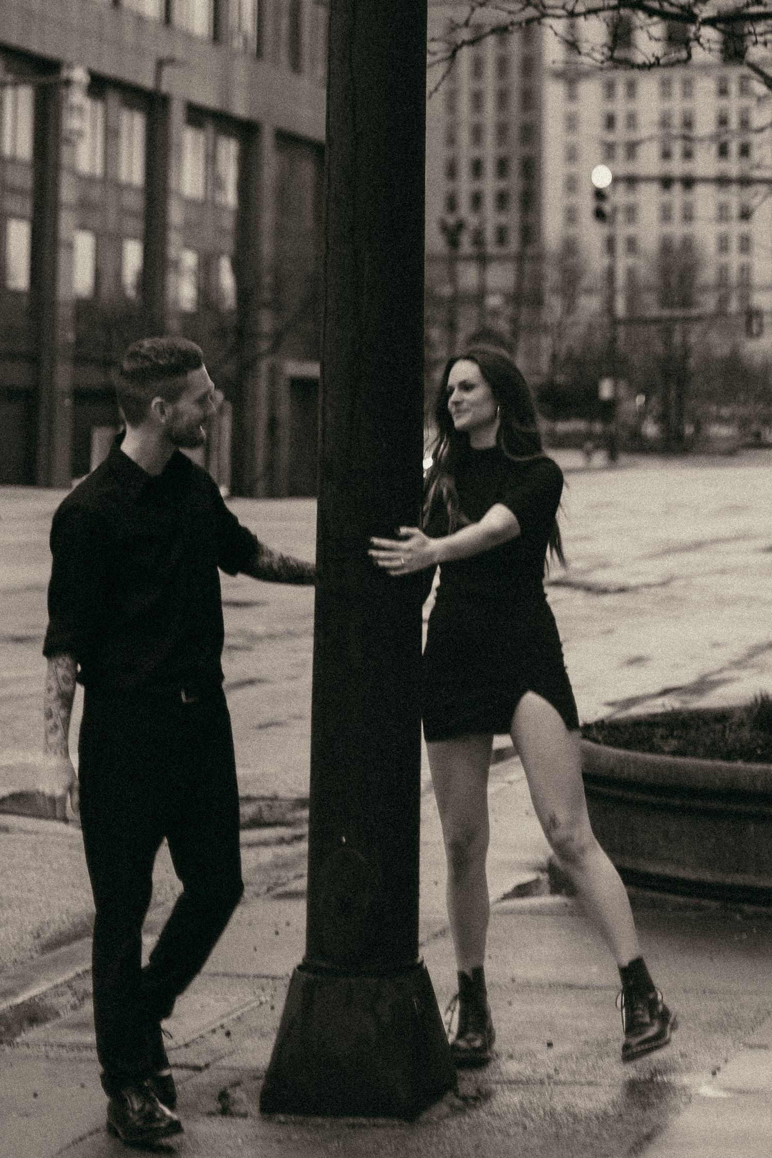 Couple dancing in big city of Cleveland Ohio by Gypsy Lens Photography. Moody, nostalgic, vintage, documentary wedding photography