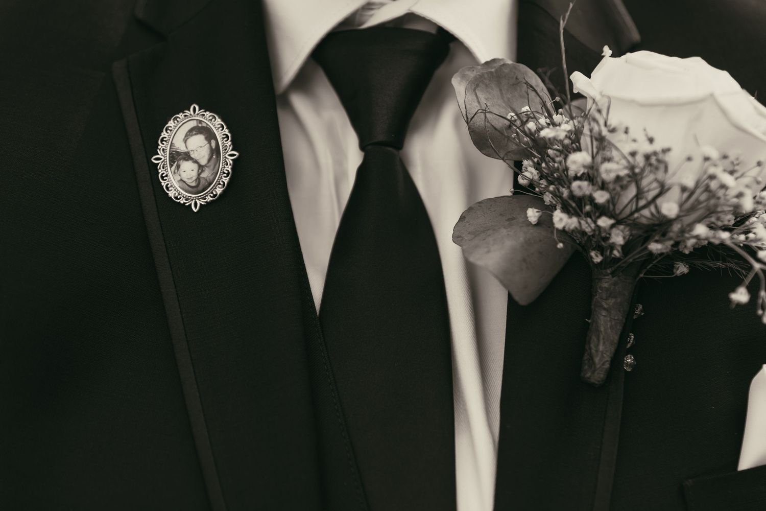 Up close of brides tuxedo details in Cleveland Ohio by Gypsy Lens Photography. Moody, filmy, vintage, documentary wedding photography.