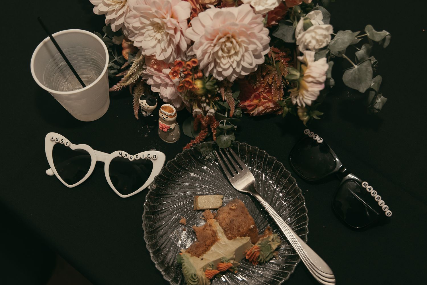 Late night flat lay at wedding reception in Akron Ohio by Gypsy Lens Photography. Moody, filmy, vintage, documentary wedding photography.